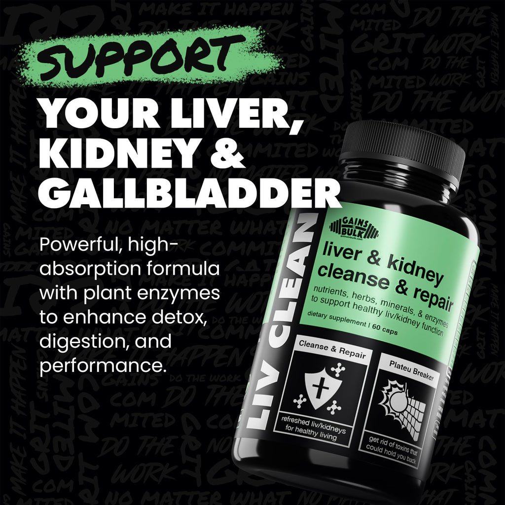 Gains in Bulk Liv Clean, Liver & Kidney Cleanse & Repair, Liver Support Supplement with Milk Thistle Extract, Dandelion Root, Digestive Enzymes, Organic Minerals and Nutrients, 60 Vegetarian Capsules