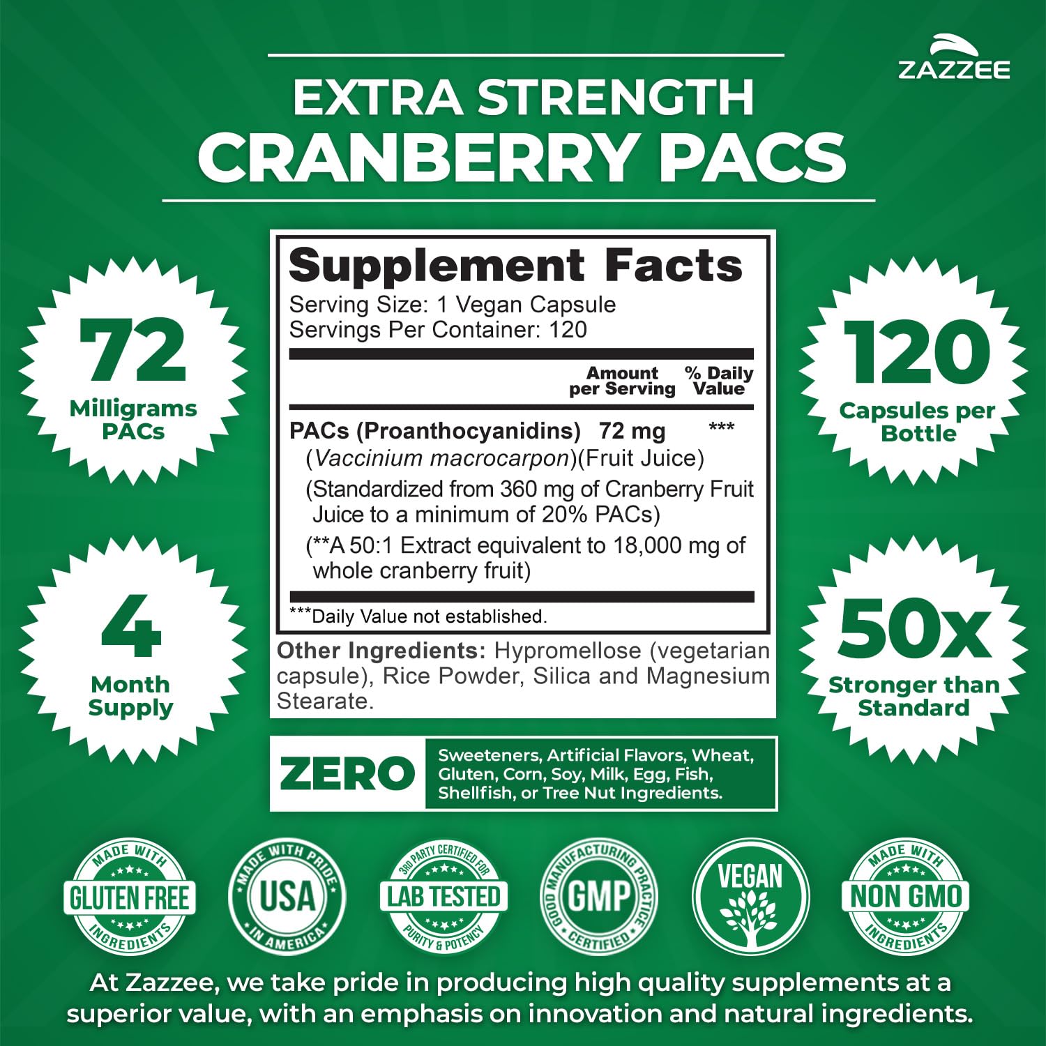 Zazzee Cranberry PACs 72 mg per Capsule, 50:1 Extract, 120 Vegan Capsules, 2X Strength, 4 Month Supply, Fast-Acting, Effective Urinary Tract & Bladder Support, 100% Soluble PACs, Made in the USA