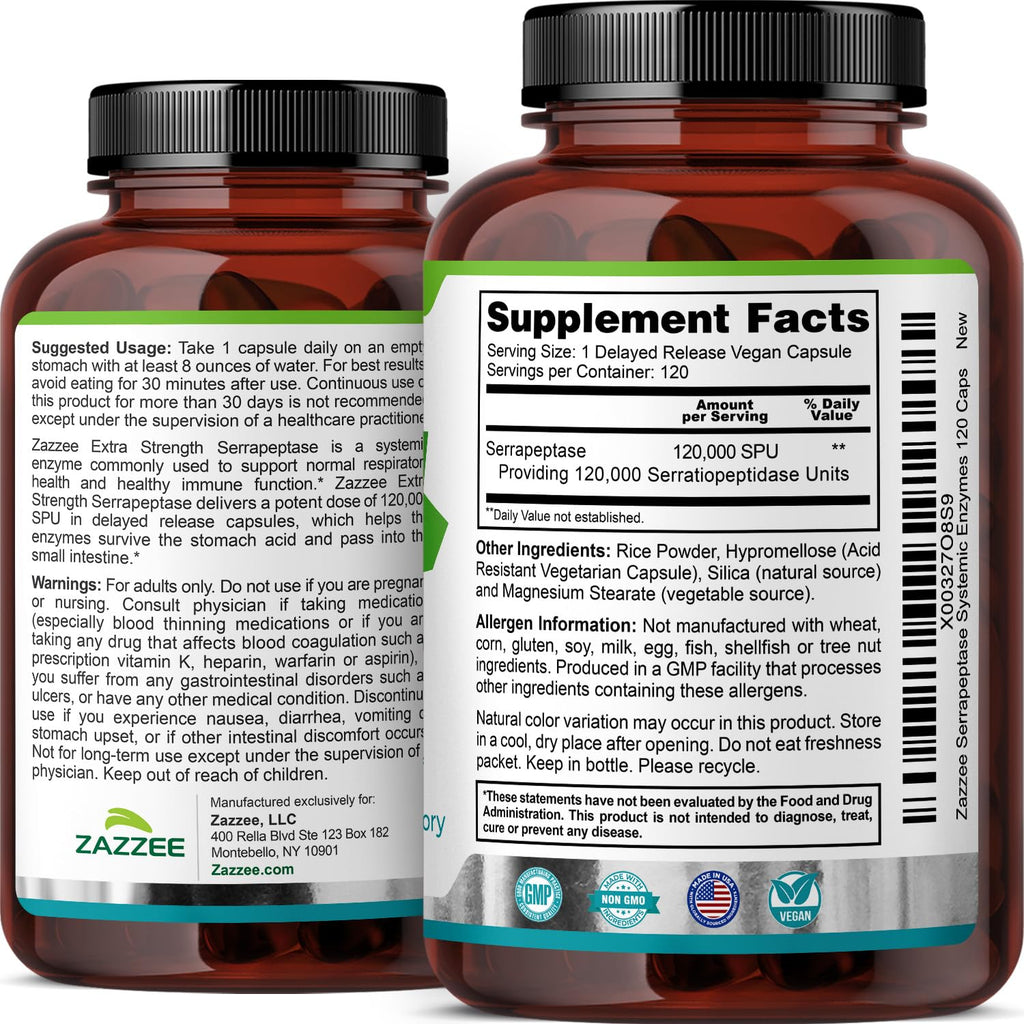 Zazzee Delayed Release Serrapeptase, 120,000 SPU per Capsule, 120 Vegan Capsules, 4 Month Supply, Extra Strength, Potent and Concentrated Systemic Enzymes, 100% Vegetarian, All-Natural and Non-GMO