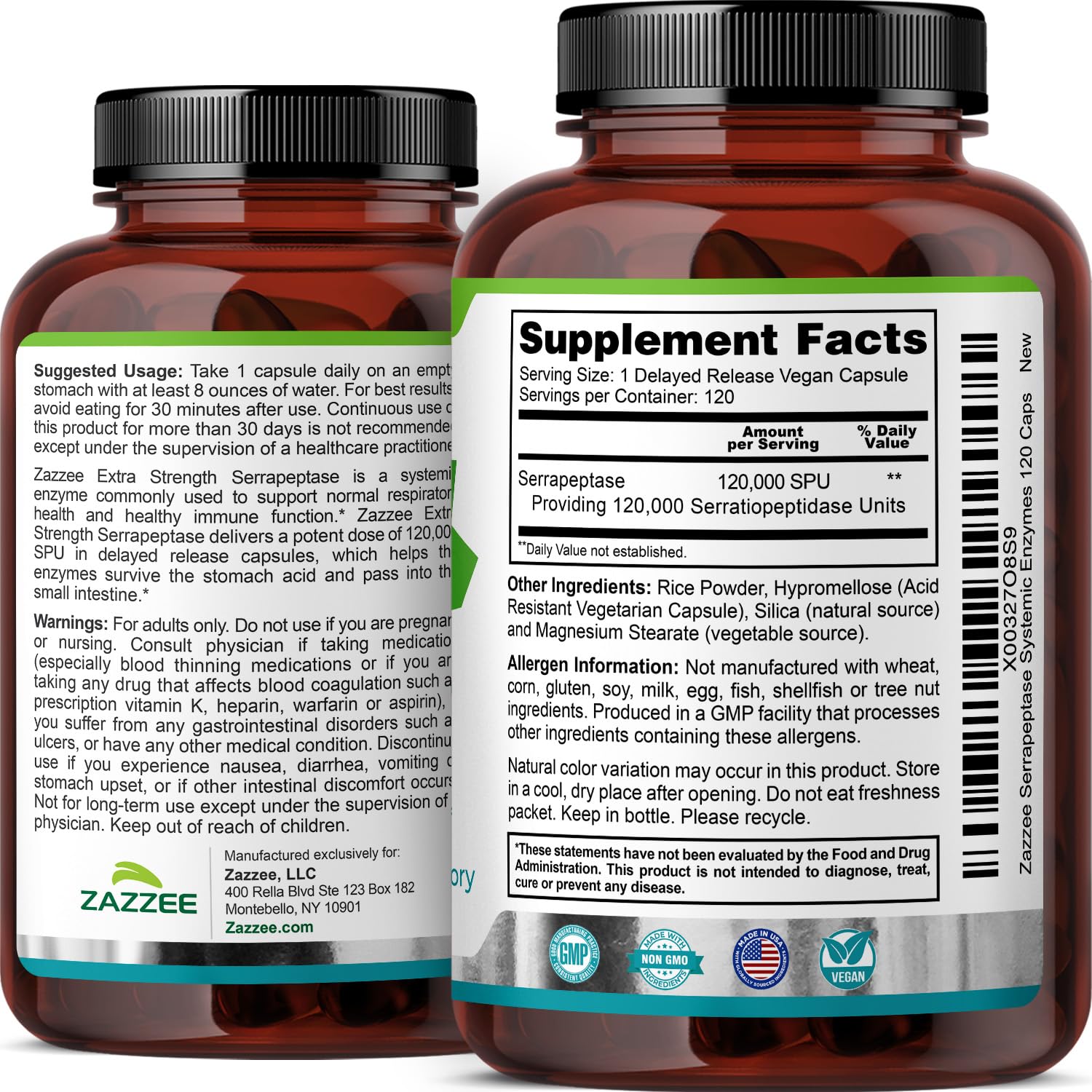 Zazzee Delayed Release Serrapeptase, 120,000 SPU per Capsule, 120 Vegan Capsules, 4 Month Supply, Extra Strength, Potent and Concentrated Systemic Enzymes, 100% Vegetarian, All-Natural and Non-GMO