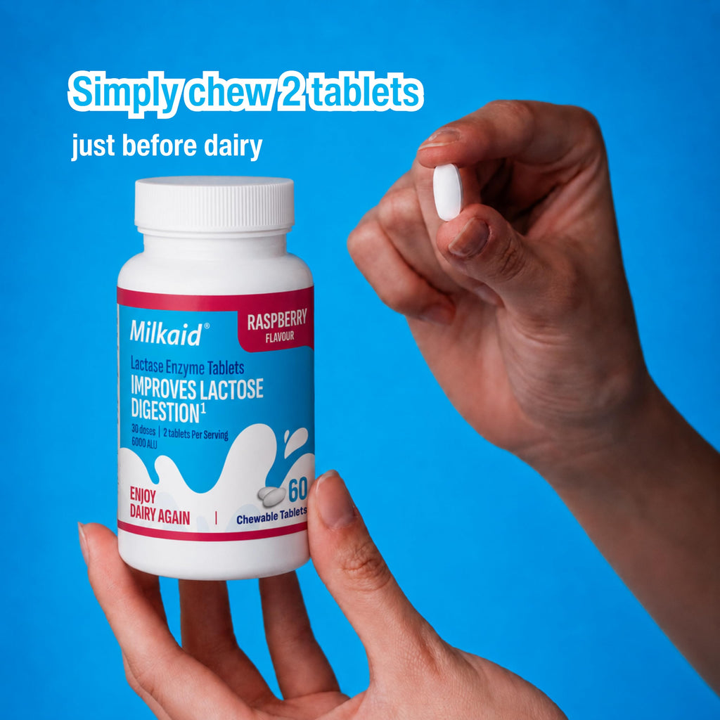 Milkaid Lactase Enzyme Chewable Tablets for Lactose Intolerance Relief | Prevents Gas, Bloating & Diarrhea | Fast Acting Dairy Digestive Supplement (120 Tablets, Raspberry)