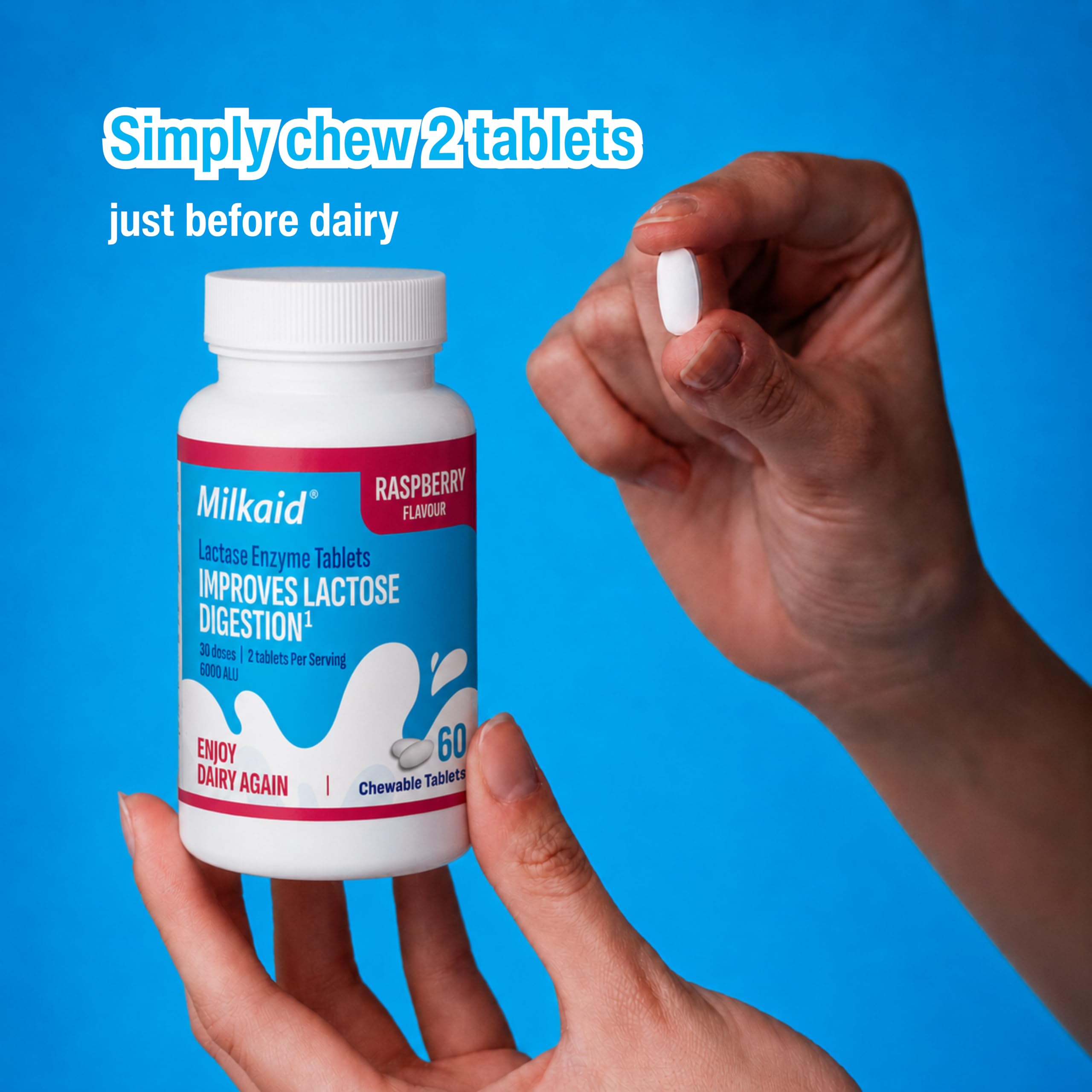 Milkaid Lactase Enzyme Chewable Tablets for Lactose Intolerance Relief | Prevents Gas, Bloating & Diarrhea | Fast Acting Dairy Digestive Supplement (120 Tablets, Raspberry)
