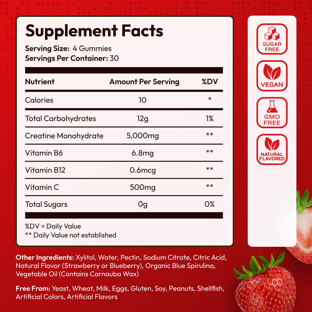 Sugar Free Creatine Monohydrate Gummies 5g Per Serving - 120 Monohydrate Creatine Gummies Advanced Complex with Vitamin C + Vitamin B12 for Muscle Strength, Energy Boost, Pre-Workout Gummy