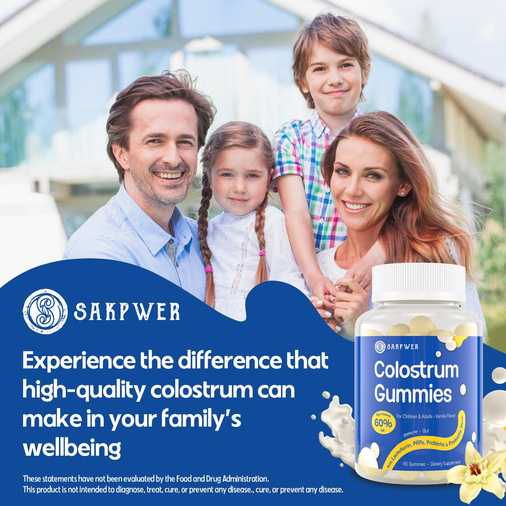 Sakpwer Bovine Colostrum Supplement Gummies - with 60% Highest IgG, Lactoferrin, Probiotics and Prebiotics for Adults and Kids, Vanilla Flavor & Sugar Free, 2 Pack