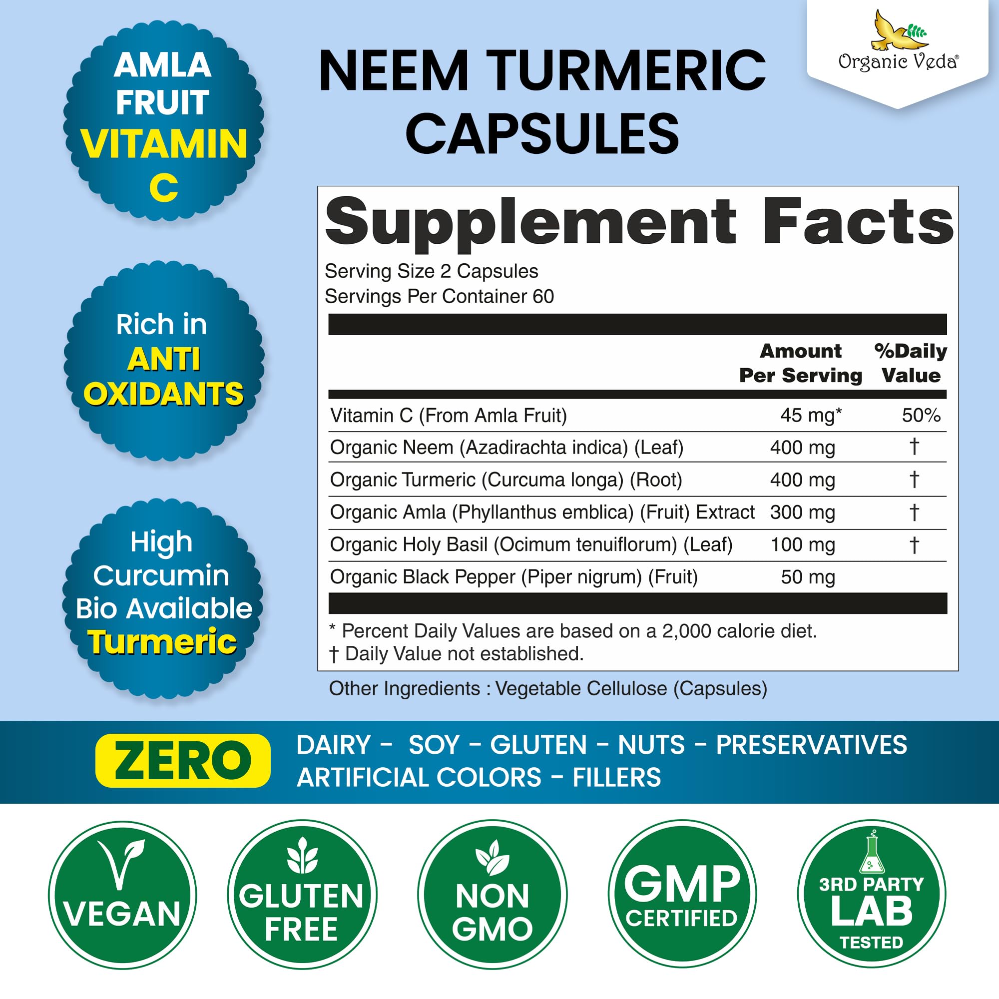 Organic Veda Neem Turmeric Capsules - 5 in 1 Herbal Complex with Amla Fruit, Holy Basil, Black Pepper - Immune, Cleanse, Skin & Gut Health Supplement with Vitamin C & Antioxidants 120 Vegan Capsules