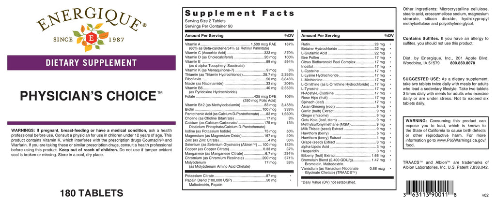 Energique Physician's Choice multivitamin Providing Optimal doses of Essential Vitamins and Minerals.