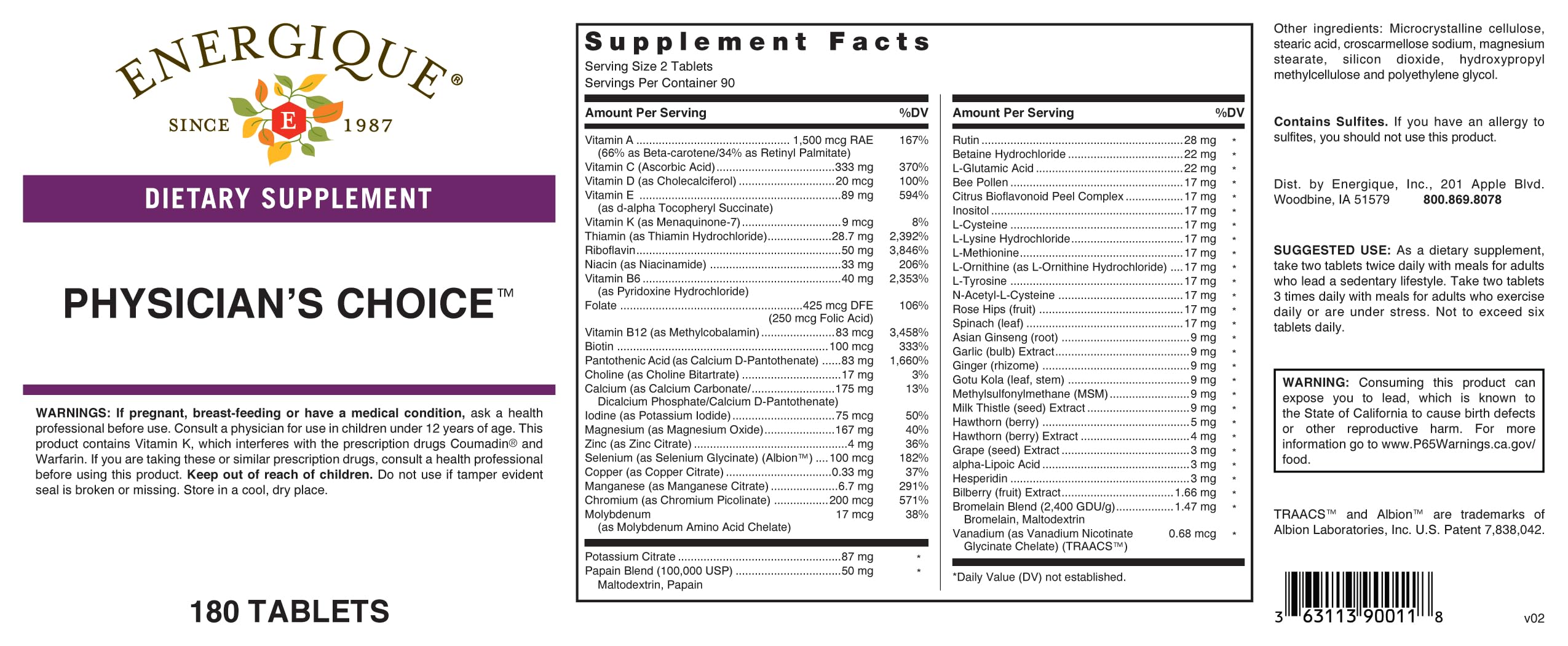 Energique Physician's Choice multivitamin Providing Optimal doses of Essential Vitamins and Minerals.