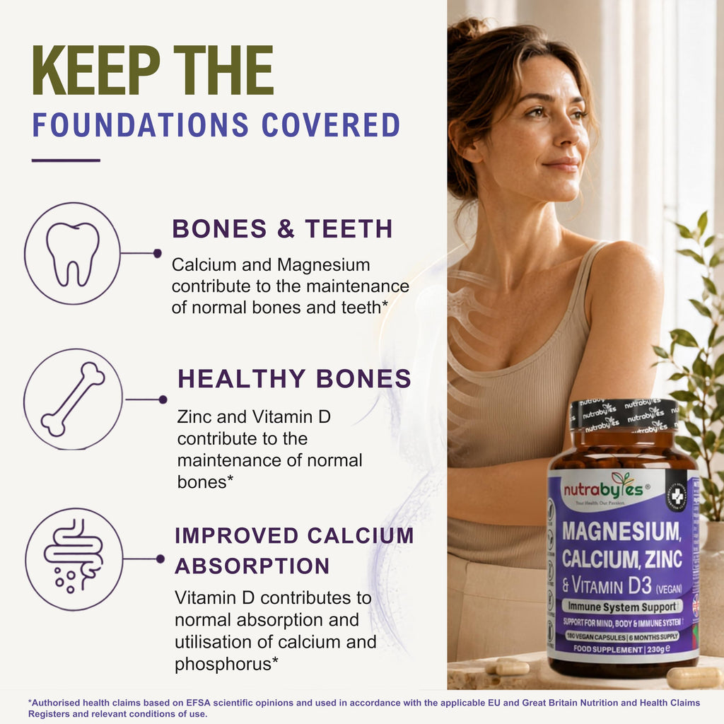 Magnesium, Calcium, Zinc, Vitamin D3 | 180 Vegan Capsules | Made in UK