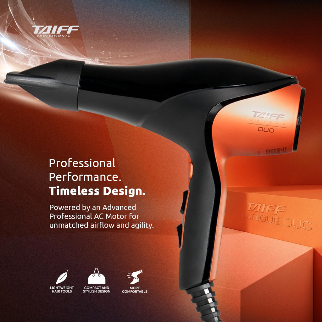 TAIFF Unique Duo Professional Hair Dryer | 127V 1875 Watt AC Motor | Ionic Tourmaline & Ceramic Titanium Technology Blow Dryer with 2 Concentrator Nozzles | Orange