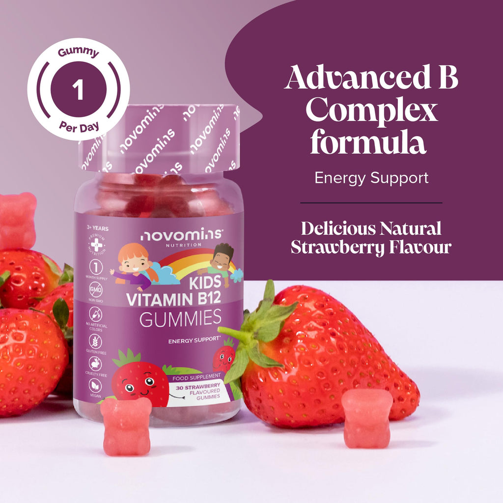 Novomins Kids Vitamin B12 Gummies - Energy & Metabolism Support Supplement - 30 Chewable Childrens B Complex Supplements – Vegan, Non-GMO - Enriched with Vitamin C, B1, B2, B6, Biotin - Made