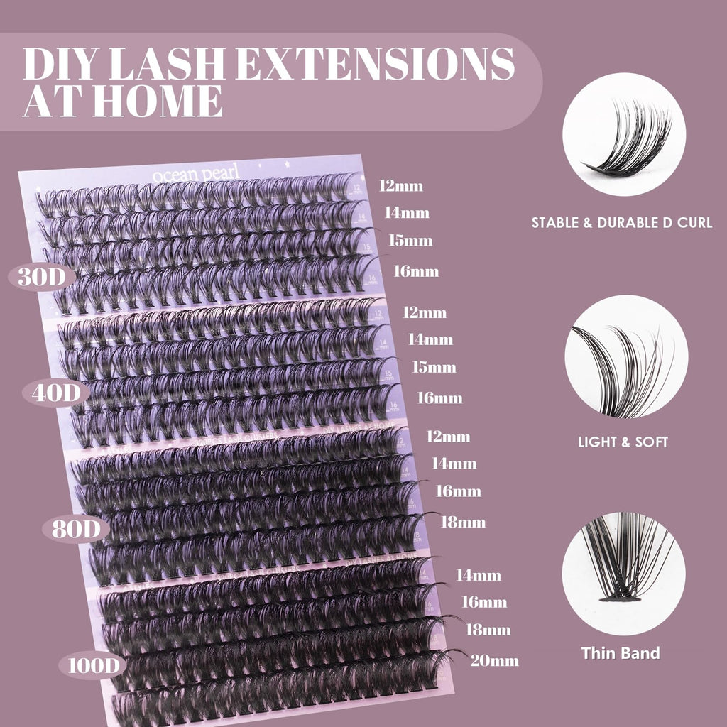 Ocean Pearl Cluster Lashes 320PCS Individual Eyelashes 30D+40D+80D+100D 4 Styles Eyelash Extensions Kit 12-20MM Lash Clusters DIY Eyelash Clusters with Super Lash Bond+Seal+Remover+Tweezer-4