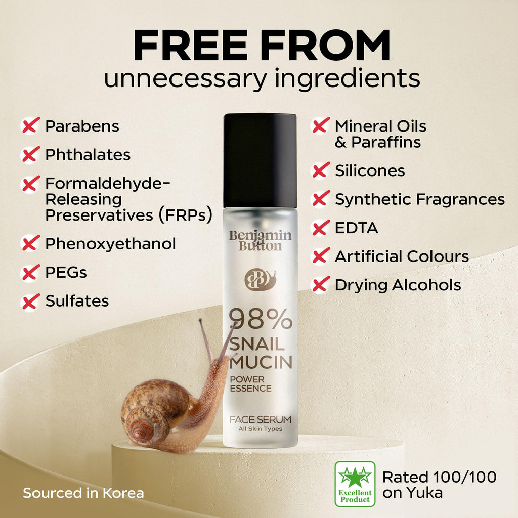 98% Snail Mucin Serum - Benjamin Button® | Hydrating, Anti-Aging, & Brightening with Hyaluronic Acid, Niacinamide, Green Tea, Aloe Vera | Ideal for Sensitive Skin & All Skin Types