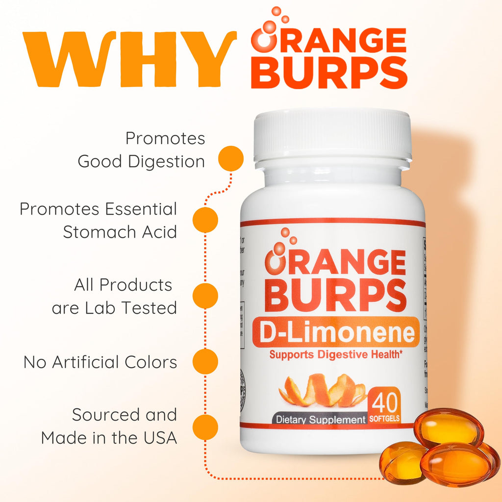 Orange Burps | D-Limonene Supplement - Acid Reducer (Antacid for Acid Reflux), Heartburn Relief, GERD Relief, and Indigestion Relief | Orange Peel Extract for Health and Wellness (1,000 mg, Pack of 2)