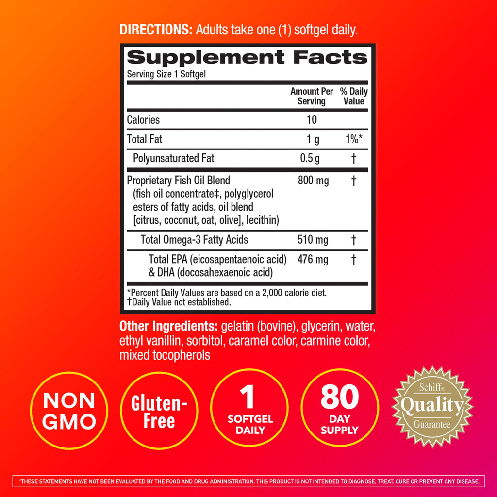 MegaRed Fish Oil 800mg Omega 3 Supplement with EPA & DHA, Supports Heart, Brain, Joint and Eye Health, No Fishy Aftertaste - 80 Softgels (80 Servings)