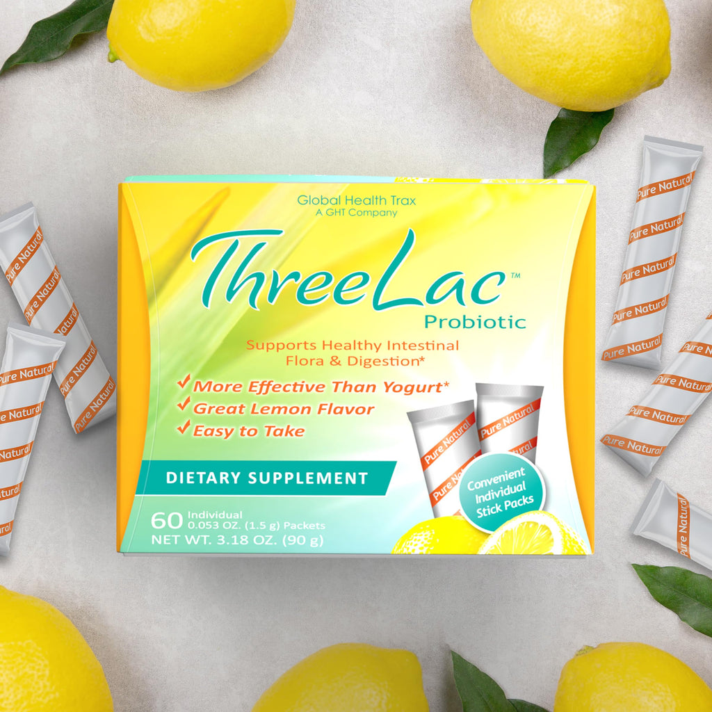 Global Health Trax ThreeLac Lemon Probiotic Drink Mix for Digestive Health - Advanced Probiotic Powder Formula for Men, Women, and Kids - Immune Support & Gut Balance, Non-GMO - 120 Packets