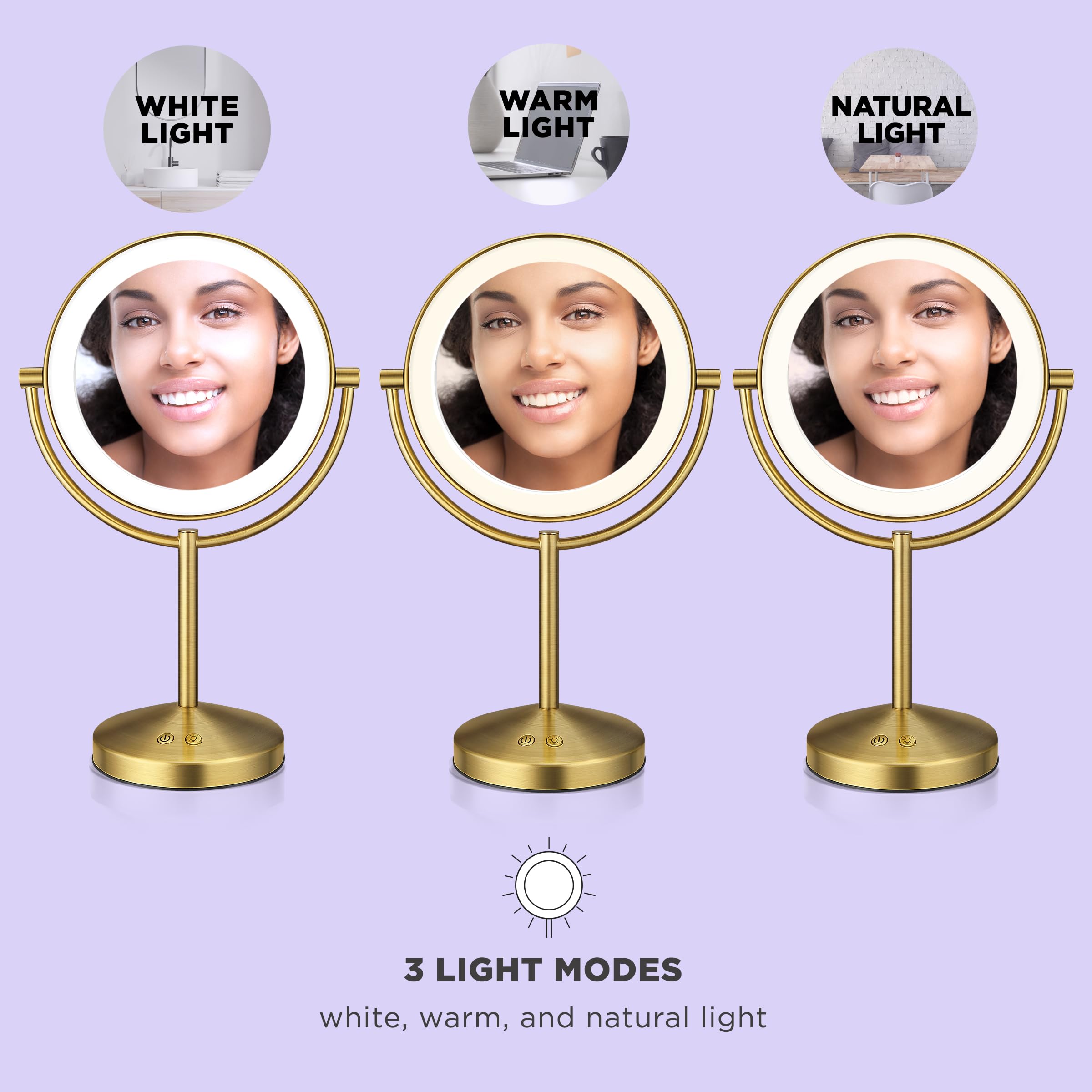Conair Lighted Makeup Mirror, Double-Sided LED Vanity Mirror with 1X/10X Magnification, 3 Light Settings, 3 Modes, 360° Rotation, Brushed Brass Finish