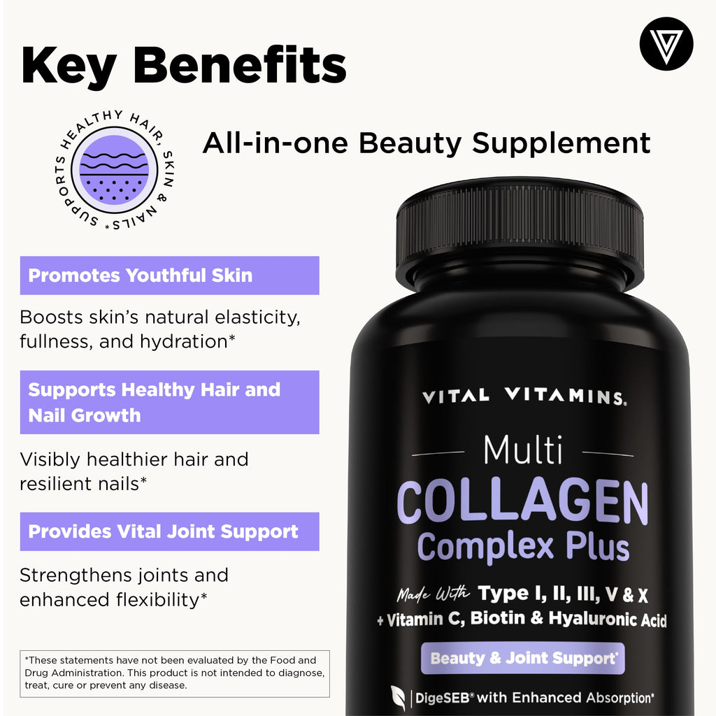 Vital Vitamins Multi Collagen Complex Plus - with Biotin, Hyaluronic Acid, Vitamin C - Type I, II, III, V, X - for Women & Men - Hair, Skin, Nails Beauty Complex - 150 Capsules