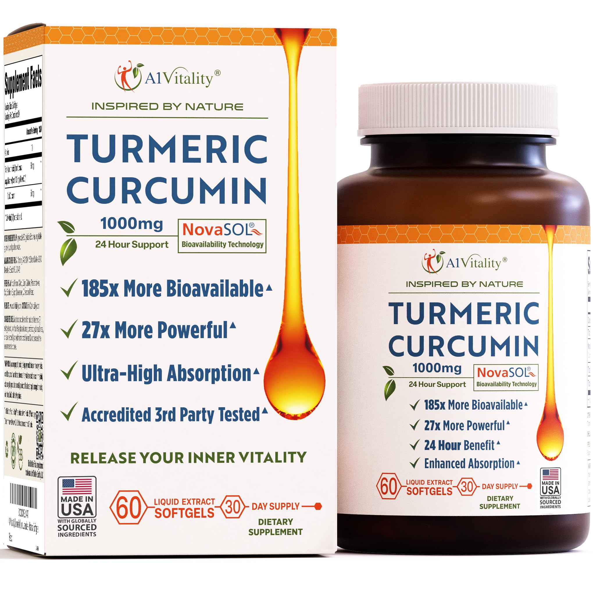 A1Vitality NovaSOL Turmeric Curcumin 1000mg – Clinically Proven 185x Higher Absorption – Promotes Joint Comfort, Mobility & Overall Wellness – Non-GMO, Doctor Formulated, 60 Softgels.