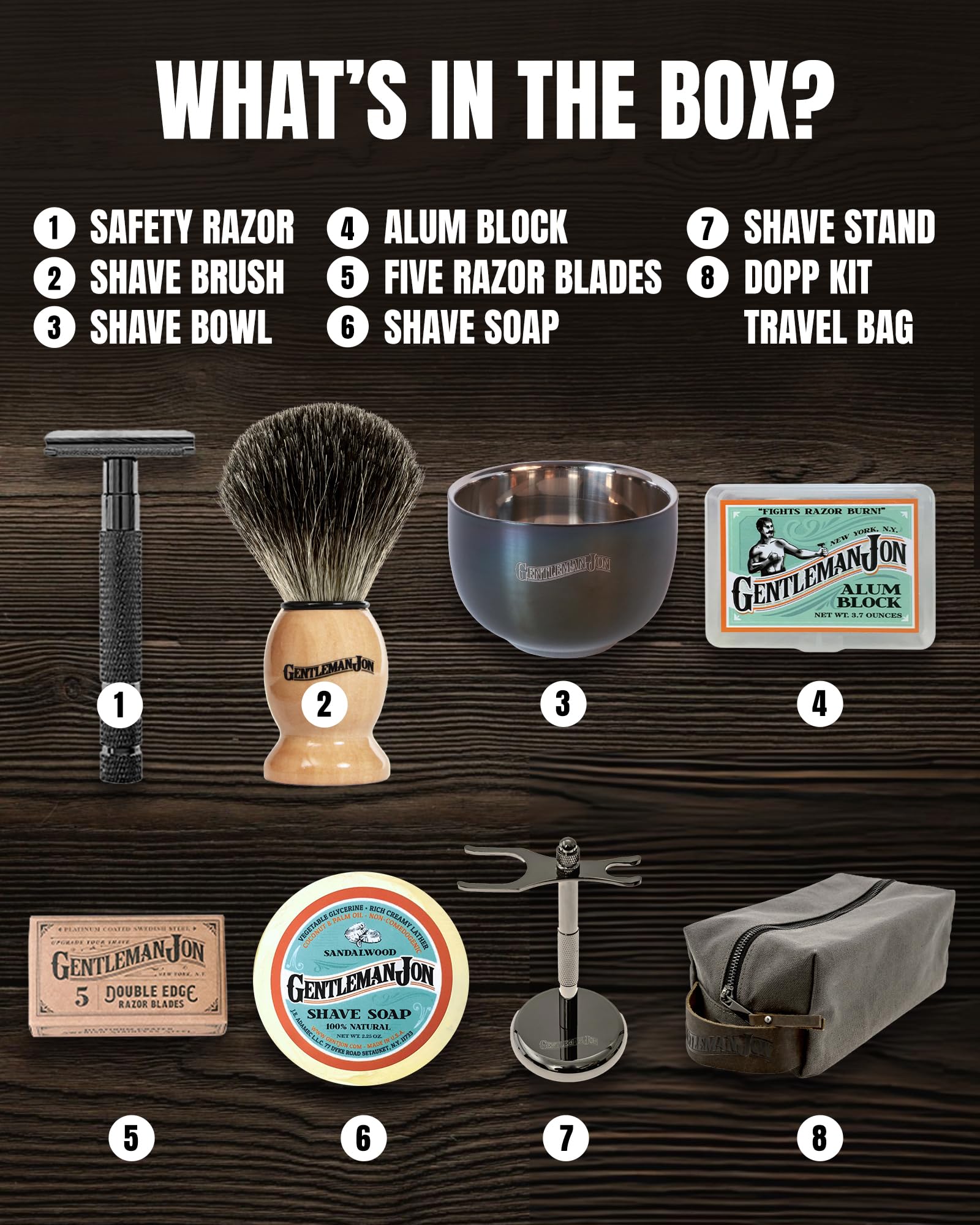 Gentleman Jon Deluxe Vintage Shaving Kit for Men - Men's Shaving Set Gifts, Compact Design, Includes Safety Razor and Brush Stand, Brush, Potassium Alum Block, Soap, Stainless Bowl, Stand & Dopp Kit