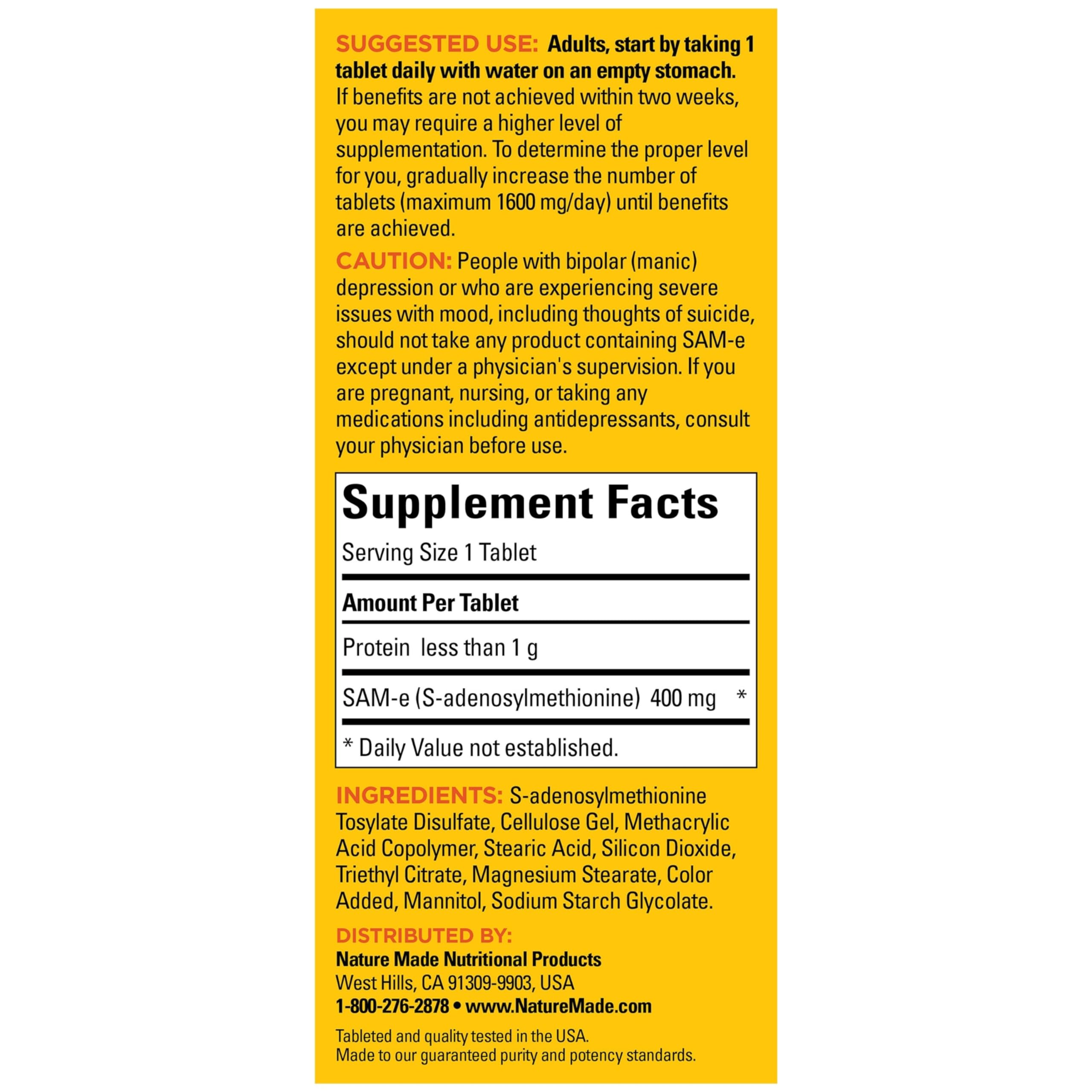Nature Made SAM-e Complete 400 mg, SAM-e Supplement for Mood Support, Dietary Supplement, 36 Tablets, 36 Day Supply