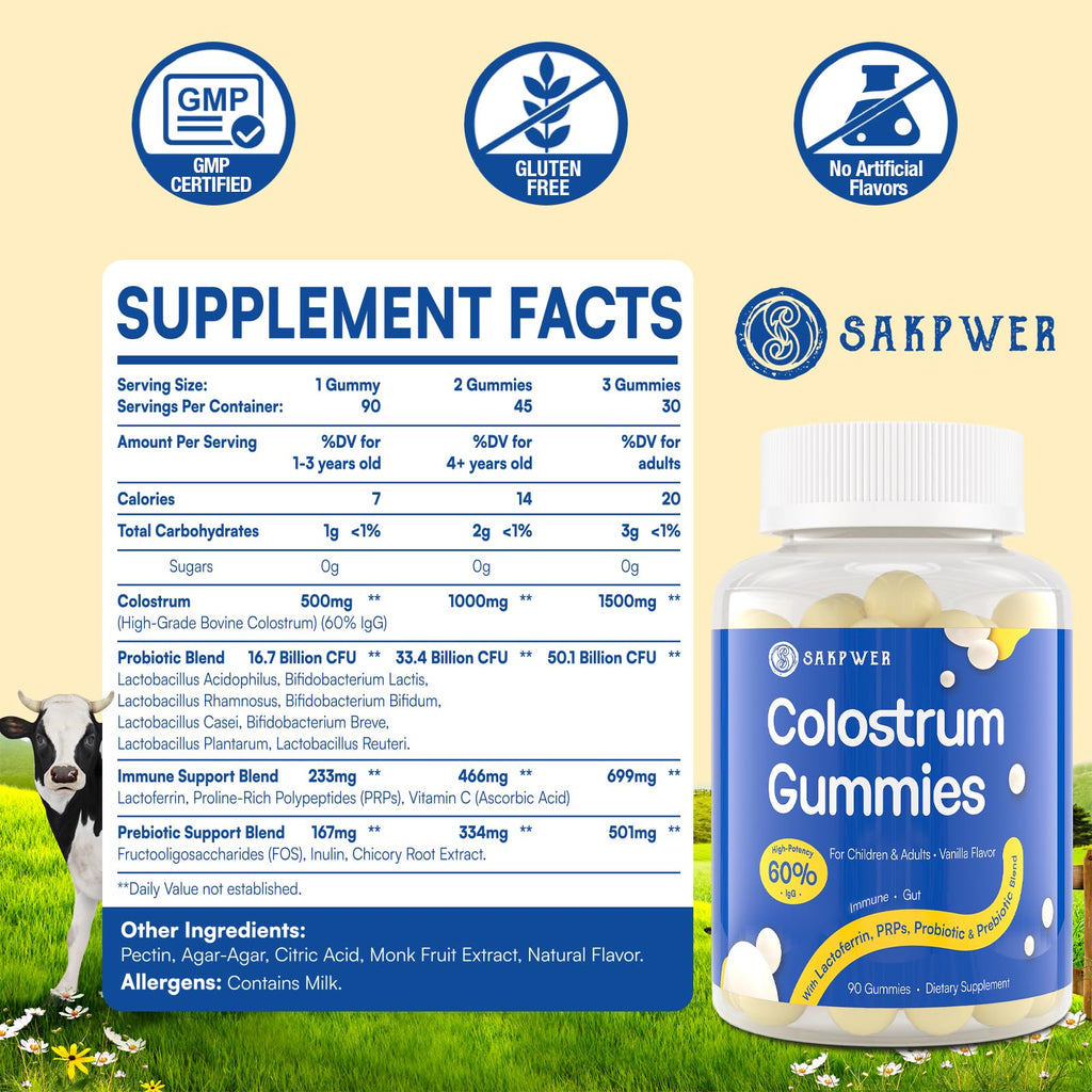 Sakpwer Bovine Colostrum Supplement Gummies - with 60% Highest IgG, Lactoferrin, Probiotics and Prebiotics for Adults and Kids, Vanilla Flavor & Sugar Free, 2 Pack