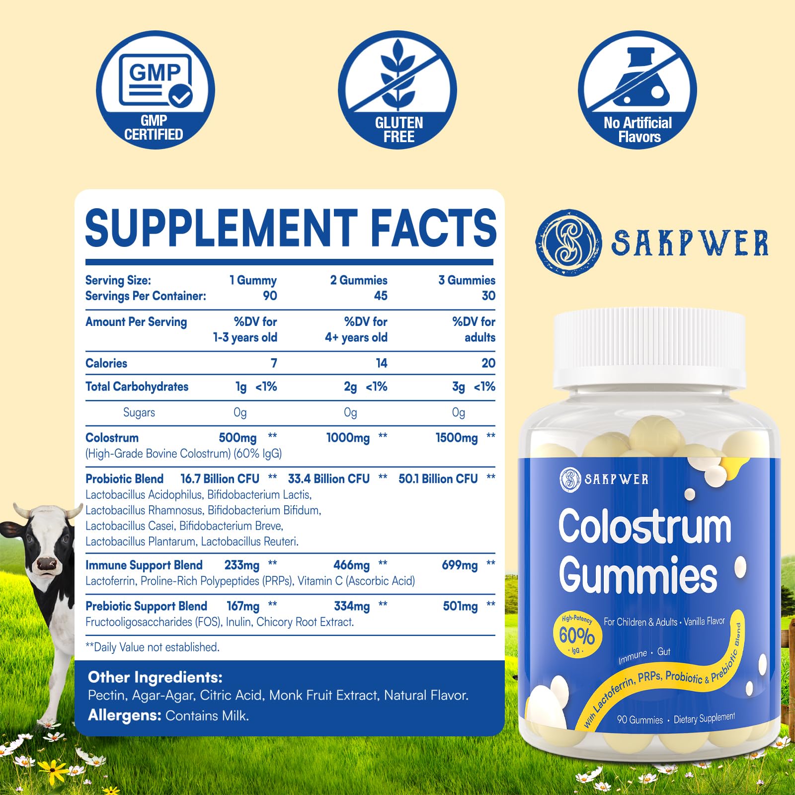 Sakpwer Bovine Colostrum Supplement Gummies - with 60% Highest IgG, Lactoferrin, Probiotics and Prebiotics for Adults and Kids, Vanilla Flavor & Sugar Free, 2 Pack