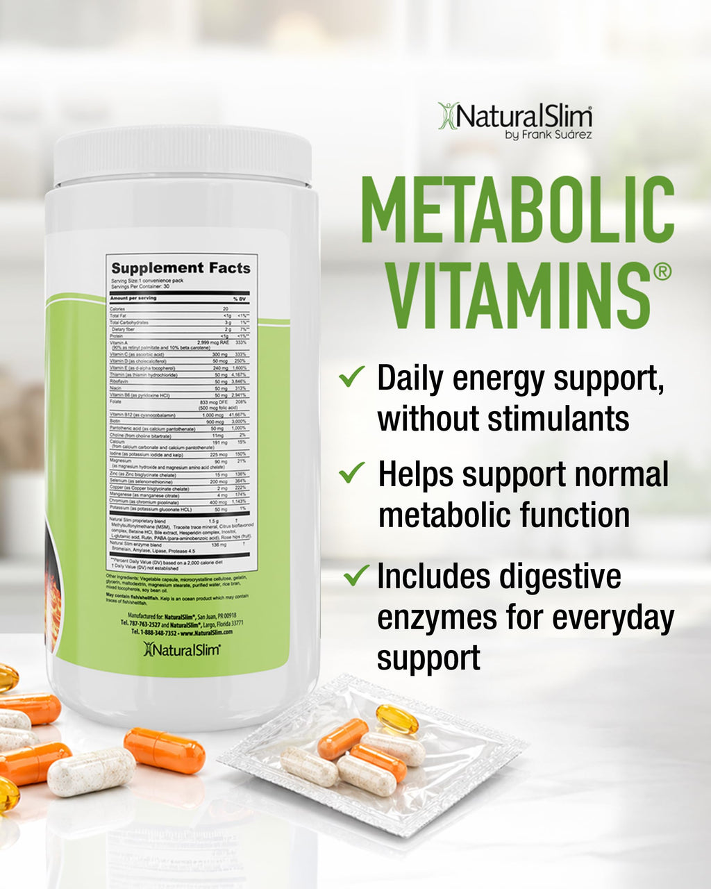 NaturalSlim Metabolic Vitamins, Multivitamin for Women & Men, Supports Energy, Metabolism & Nutrient Absorption with Digestive Enzymes, B-Complex & Niacin – 1 Pack