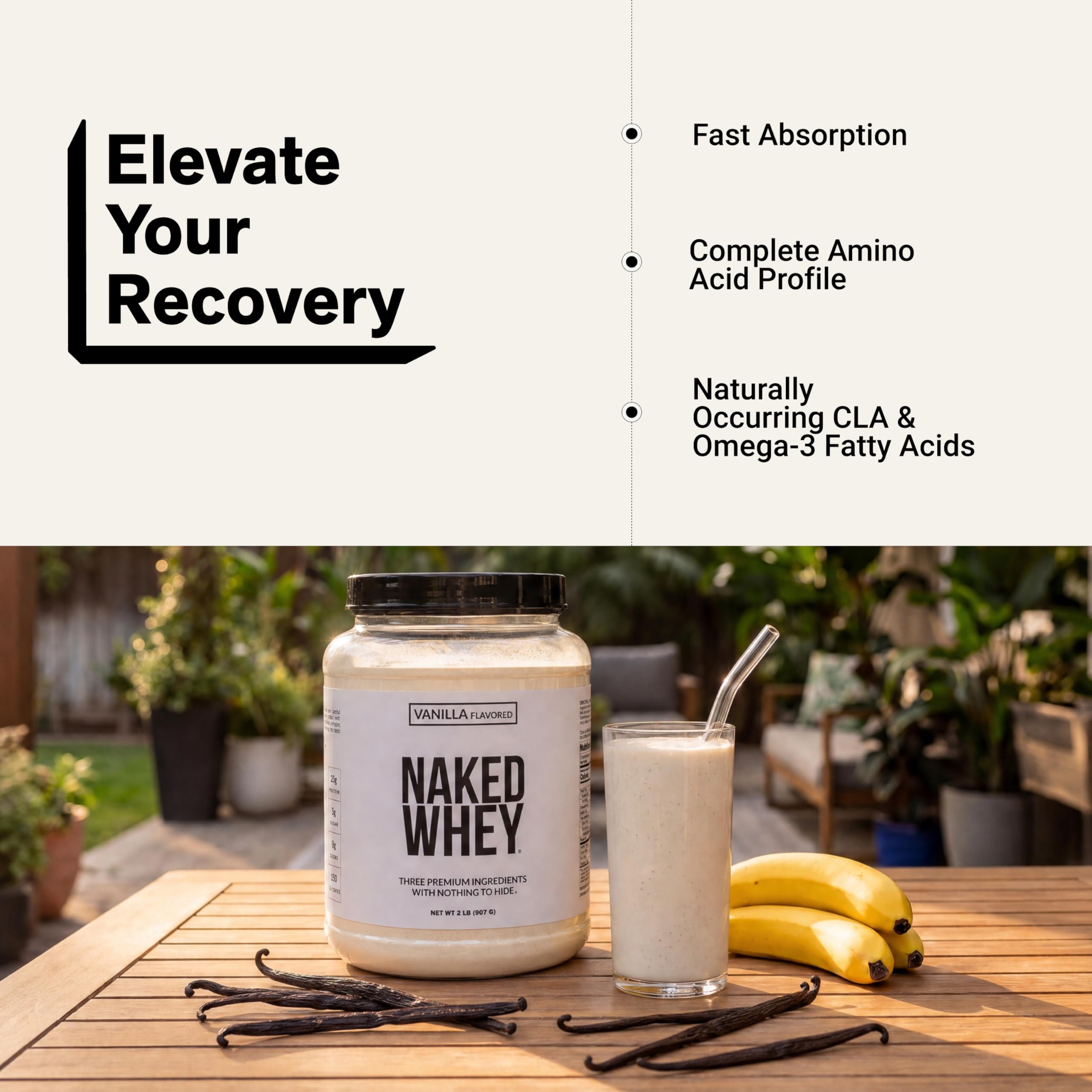 NAKED Whey Vanilla Protein Powder - Only 3 Ingredients - Grass Fed Whey Protein Powder, Vanilla Flavor, and Organic Coconut Sugar, NSF Certified, No GMO, No Soy, and Gluten Free - 24 Servings