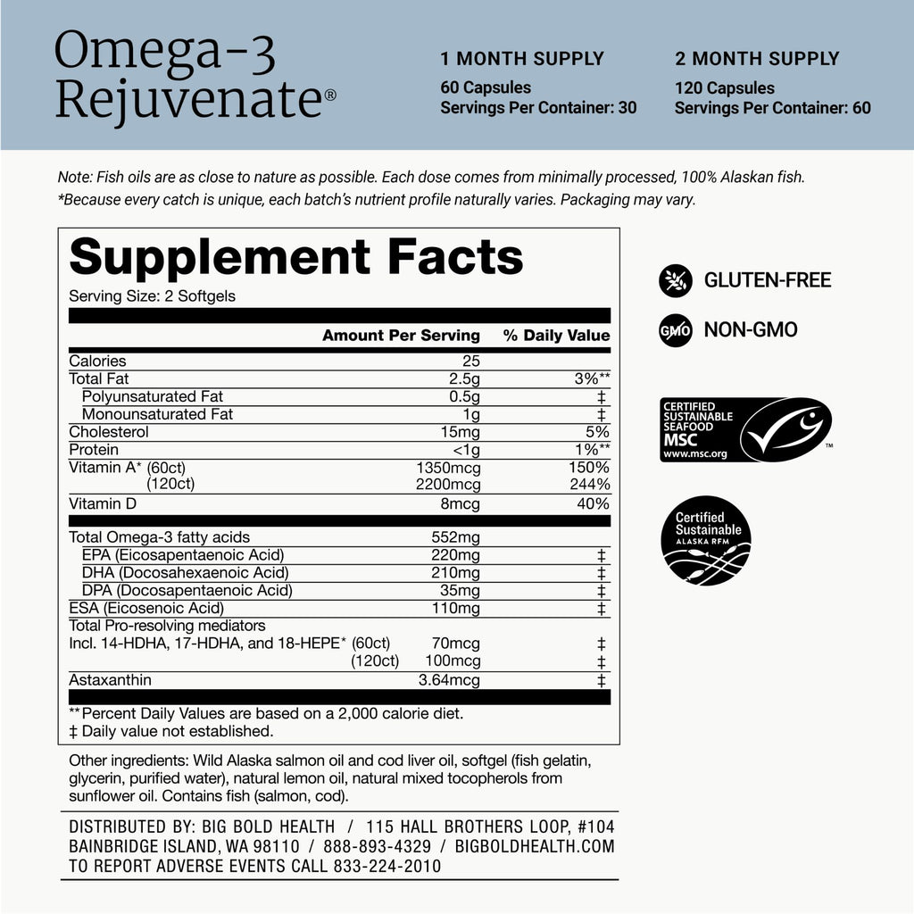 BIG BOLD HEALTH Omega-3 Rejuvenate Wild Alaskan Fish Oil Supplement with PRMs ⎹ EPA, DHA, & DPA Fatty Acids ⎹ Vitamins A and D to Support Immune Balance & Brain Wellness (120 Softgels)