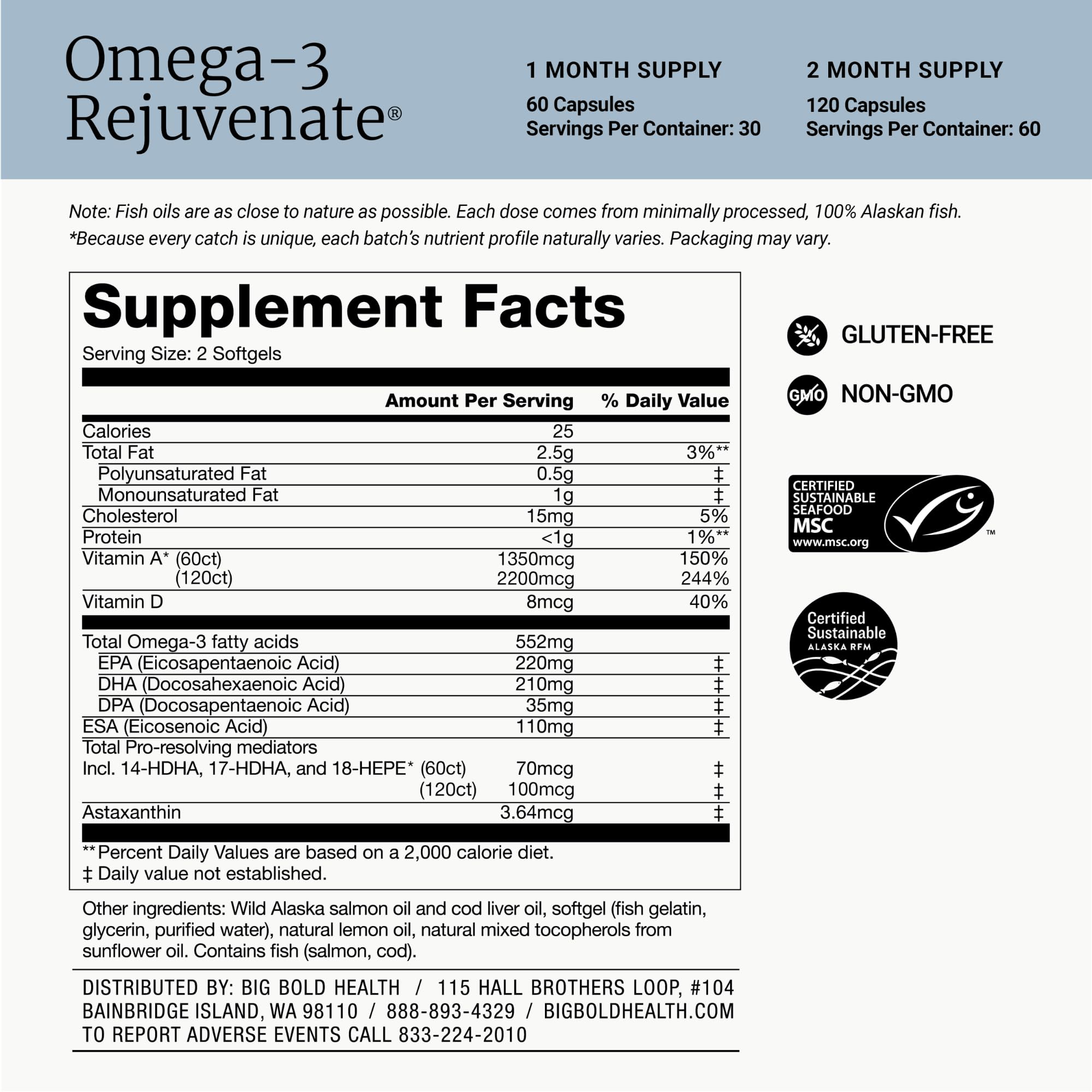 BIG BOLD HEALTH Omega-3 Rejuvenate Wild Alaskan Fish Oil Supplement with PRMs ⎹ EPA, DHA, & DPA Fatty Acids ⎹ Vitamins A and D to Support Immune Balance & Brain Wellness (120 Softgels)