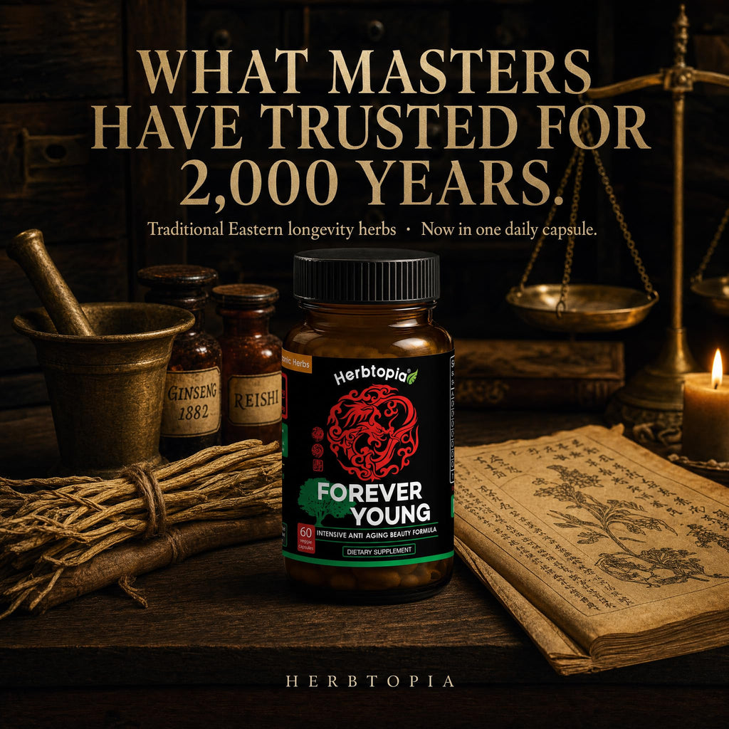 Herbtopia Forever Young Anti Aging Adaptogen Supplement with Organic Red Ginseng, Astragalus, Reishi, Lion's Mane & Codonopsis — Supports Immune Function, Healthy Aging & Longevity | 60 Vegan Caps