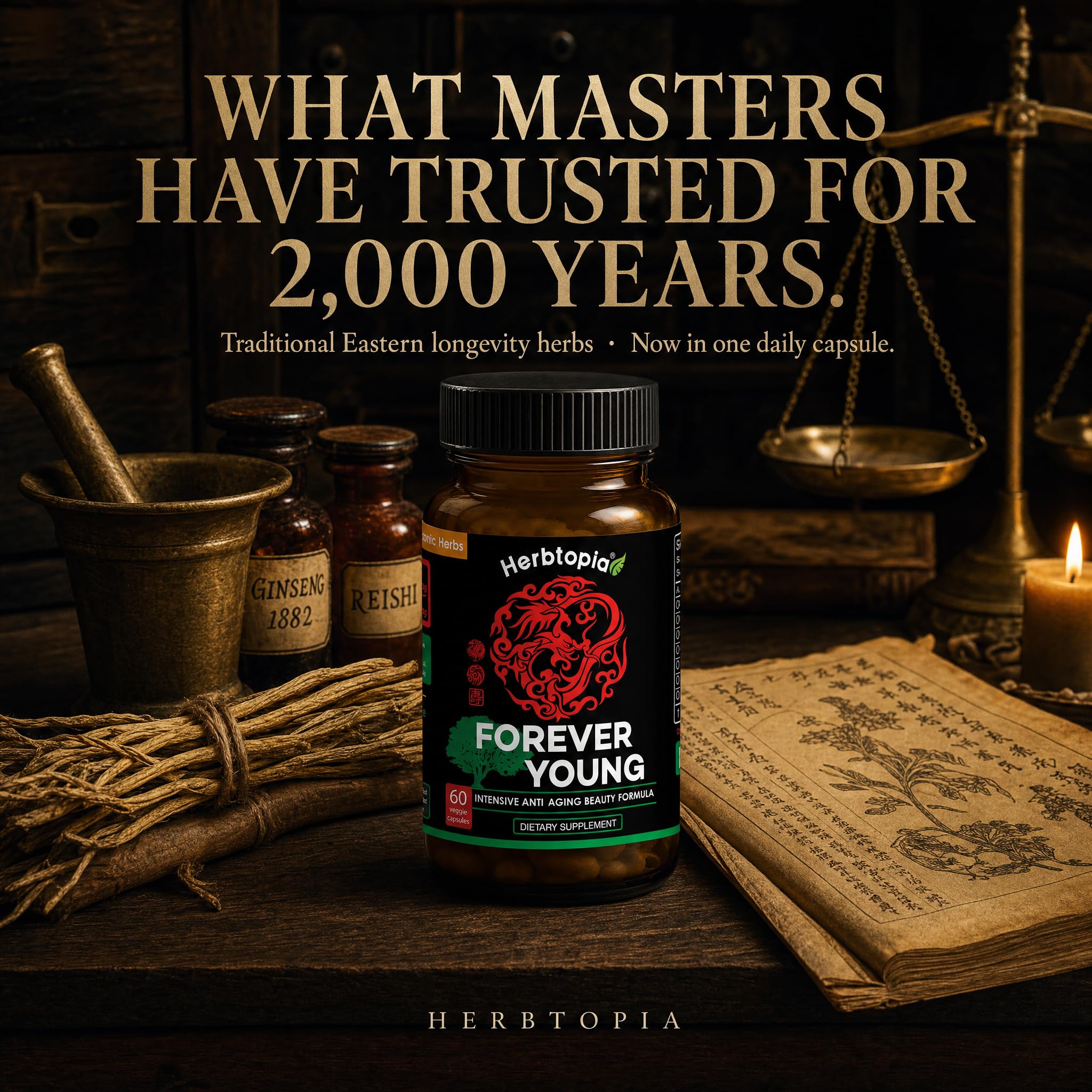 Herbtopia Forever Young Anti Aging Adaptogen Supplement with Organic Red Ginseng, Astragalus, Reishi, Lion's Mane & Codonopsis — Supports Immune Function, Healthy Aging & Longevity | 60 Vegan Caps