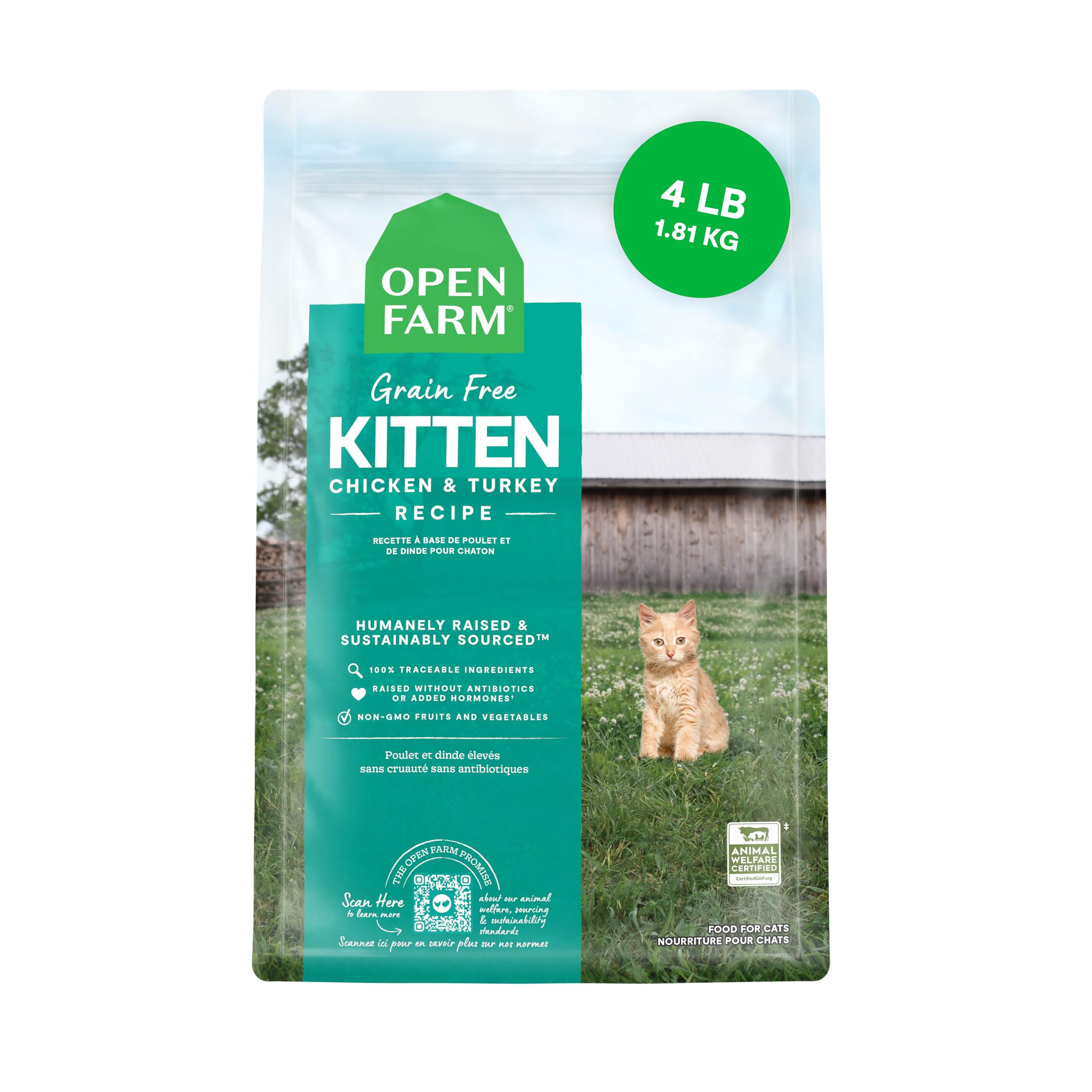 Open Farm, Grain Free Dry Kitten Food, Nutrient Dense Kibble with Protein, Vitamin A, Taurine, Naturally Occurring Fibers & Prebiotics, Homestead Turkey & Chicken Recipe for Kittens, 4lb Bag