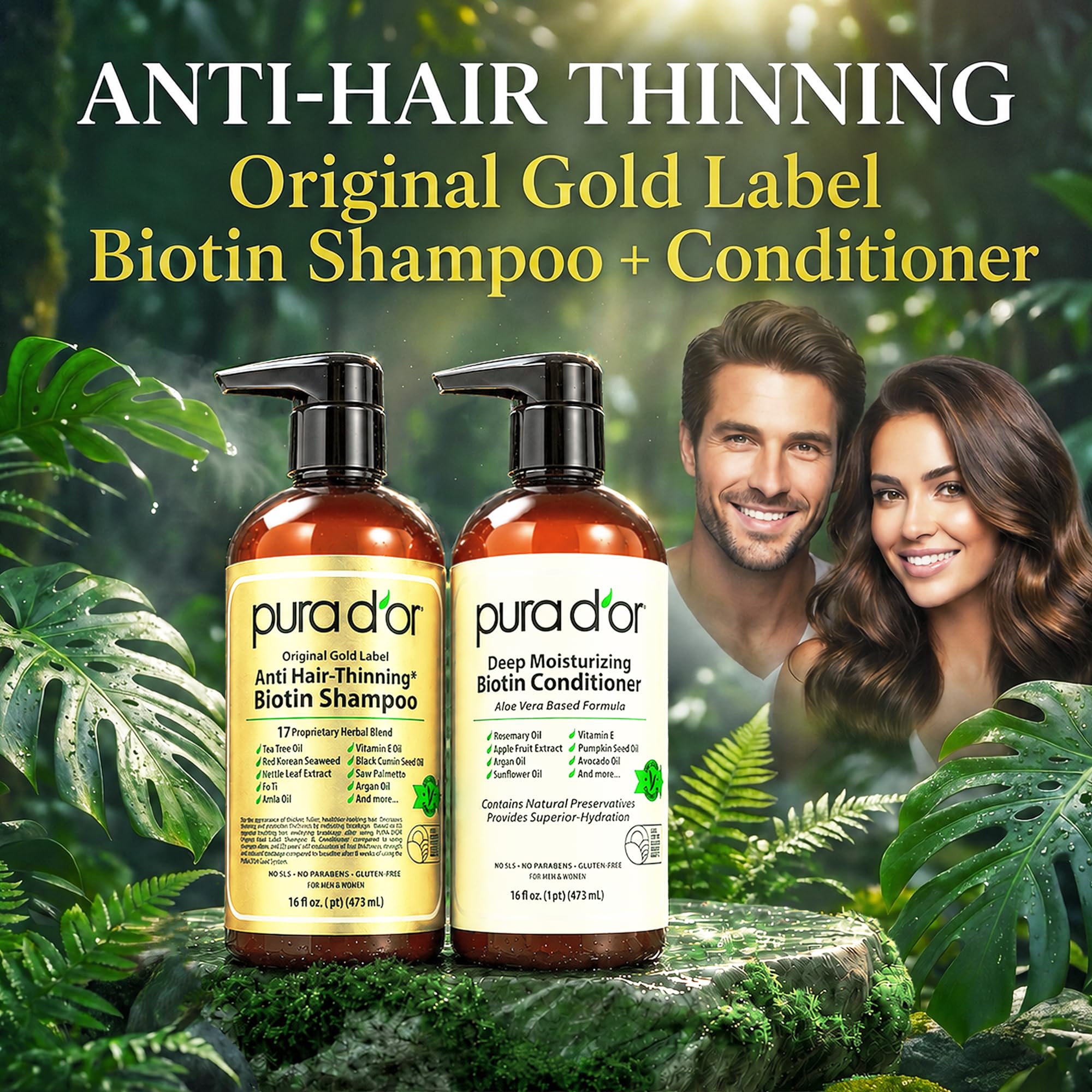 PURA D'OR Anti-Thinning Biotin Shampoo & Hair Regrowth Conditioner, CLINICALLY TESTED Effective Results, Thickening Herbal Blend For Women & Men, Original Gold Label Set, Natural Earthy Scent, 16oz x2