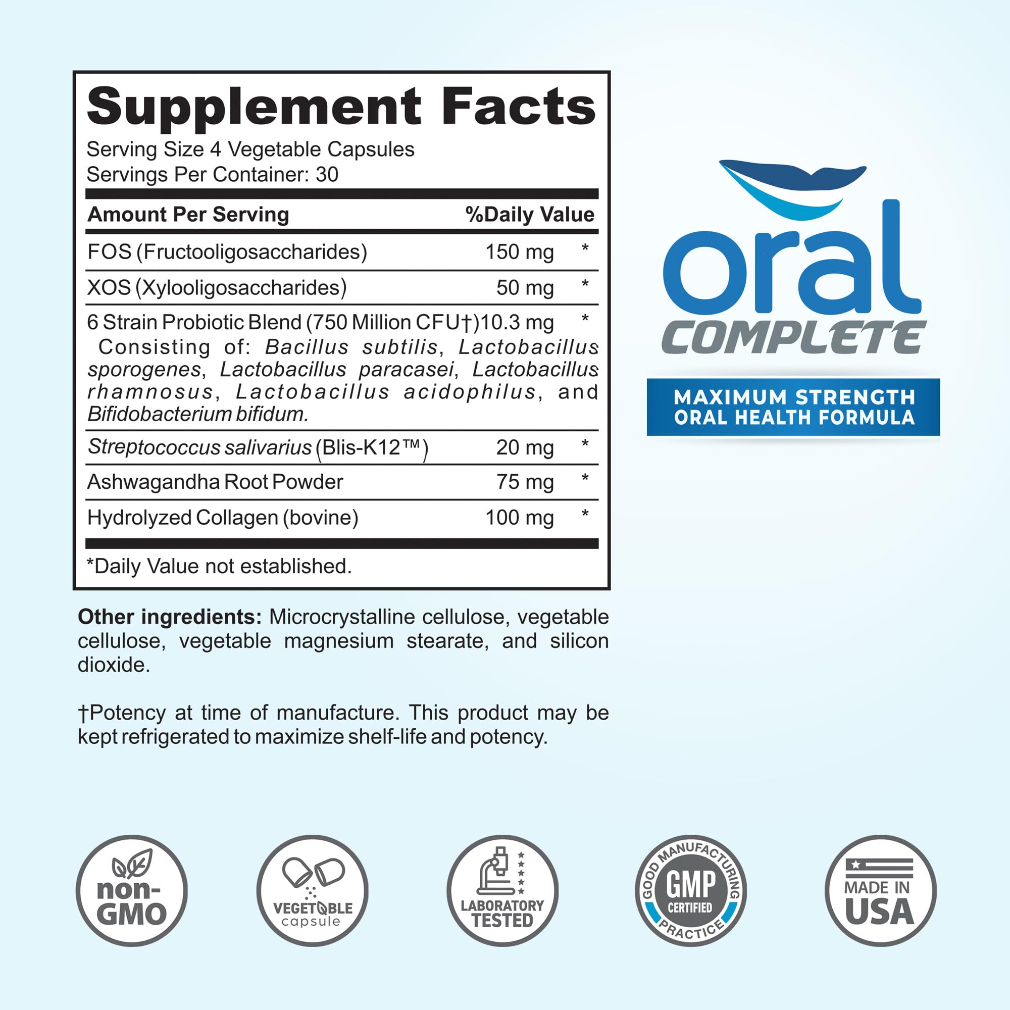 Oral Complete 11-in-1 Dental Probiotics, Bad Breath Treatment Halitosis Tonsil Stone with Non-GMO with BLIS K12, Ashwagandha and Collagen, 120 Capsules