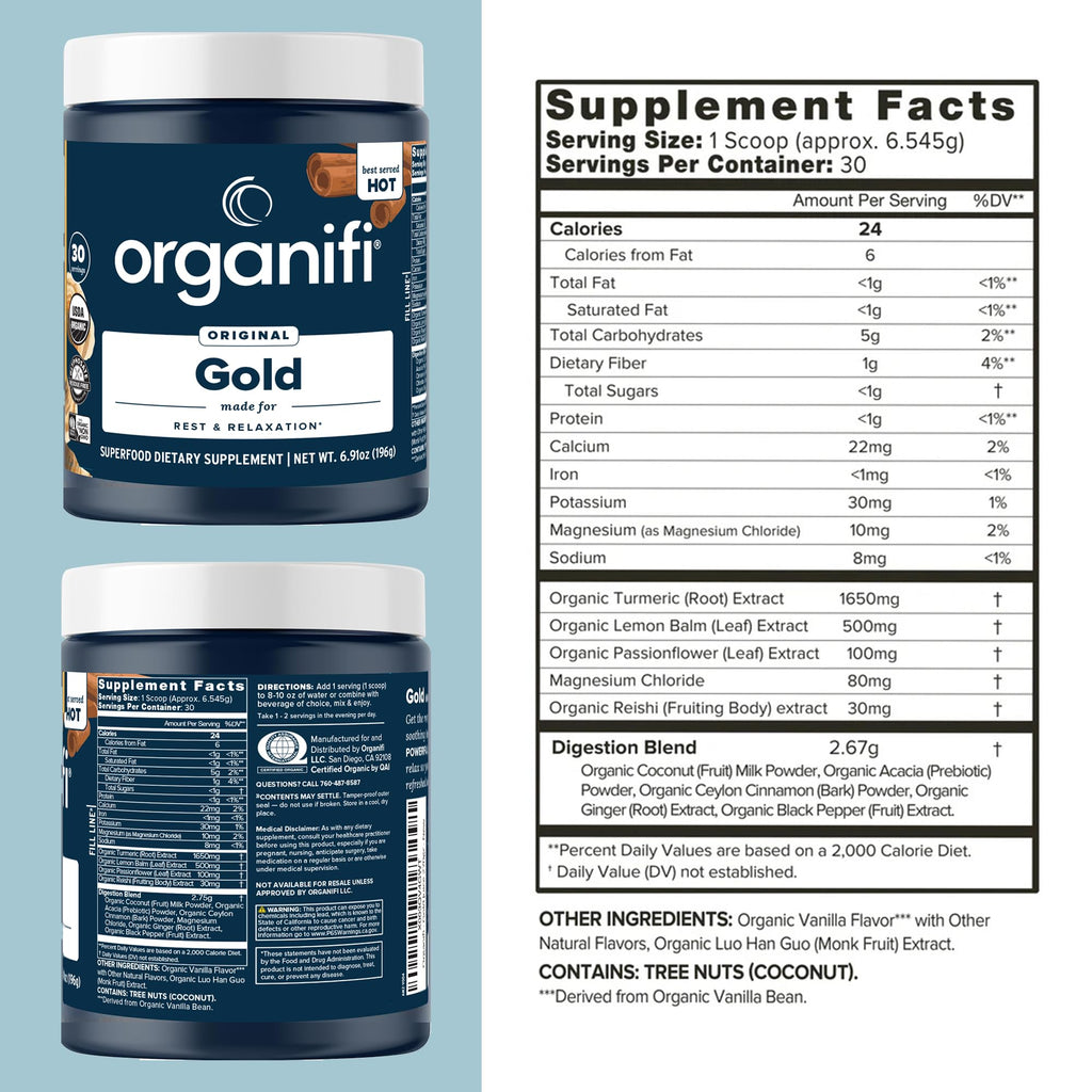 Organifi: Gold - Superfood Supplement Powder - 30 Servings - Stress Support, Better Rest, Relaxation and Promotes Restful Sleep - Turmeric and Reishi Infused