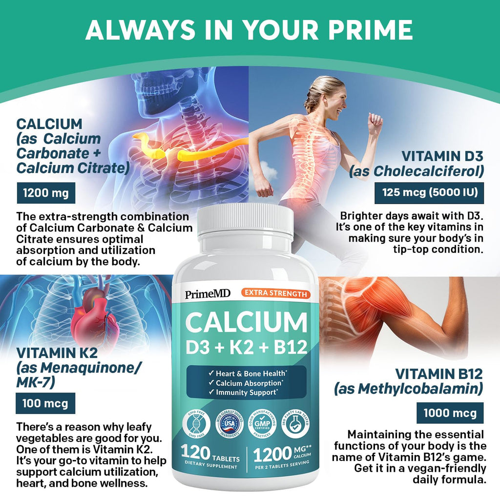 4-in-1 Calcium 1200 mg with Vitamin D3 K2 - Extra Strength Calcium Supplements for Women & Men with D3 K2 Vitamin 5000 IU - Everyday Vitality Supplement - Vegan-Friendly, Gluten-Free, Non-GMO (120ct)