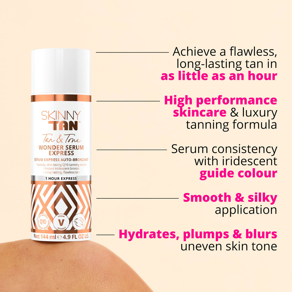 Skinny Tan Wonder Serum 144ml – 1 Hour Express Streak-Free Instant Self Tan with Youth-Boosting Q10 & Vitamin E, Lightweight Buildable Fake Tan, Vegan & Cruelty-Free Skincare