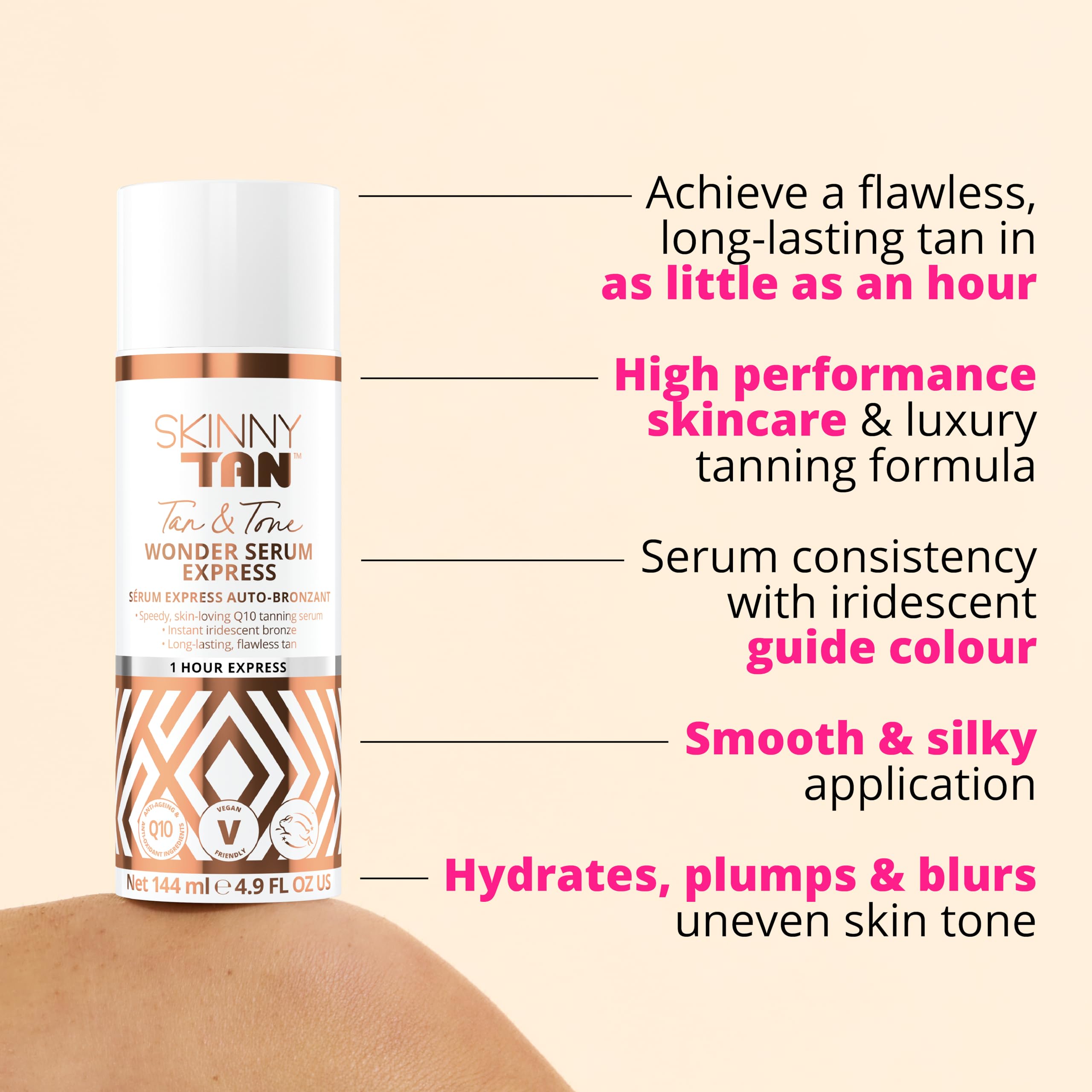 Skinny Tan Wonder Serum 144ml – 1 Hour Express Streak-Free Instant Self Tan with Youth-Boosting Q10 & Vitamin E, Lightweight Buildable Fake Tan, Vegan & Cruelty-Free Skincare