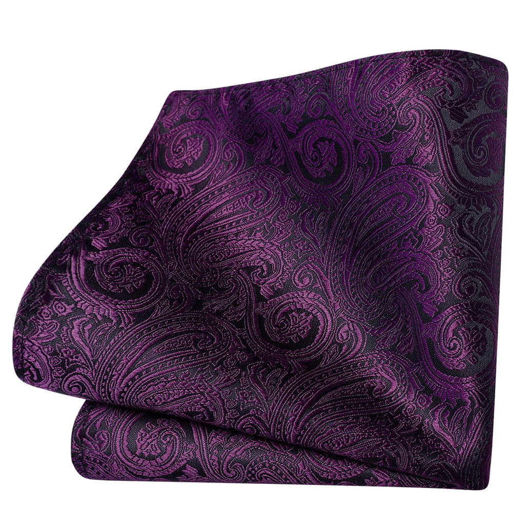 Gusleson Mens Dark Purple Tie for Wedding Solid Silk Paisley Necktie Pocket Square Cufflinks and Lapel Pin Brooch Set (UK6103-23)