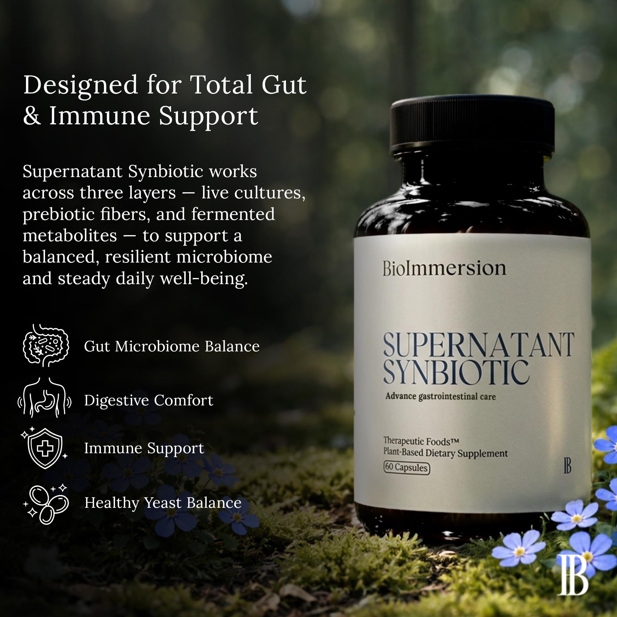 BioImmersion Supernatant Synbiotic - Prebiotic Probiotic Postbiotic - Eases Digestive Discomfort, Gut Imbalance & Yeast Overgrowth - Immune & Microbiome Support for Men and Women - 60 Capsules