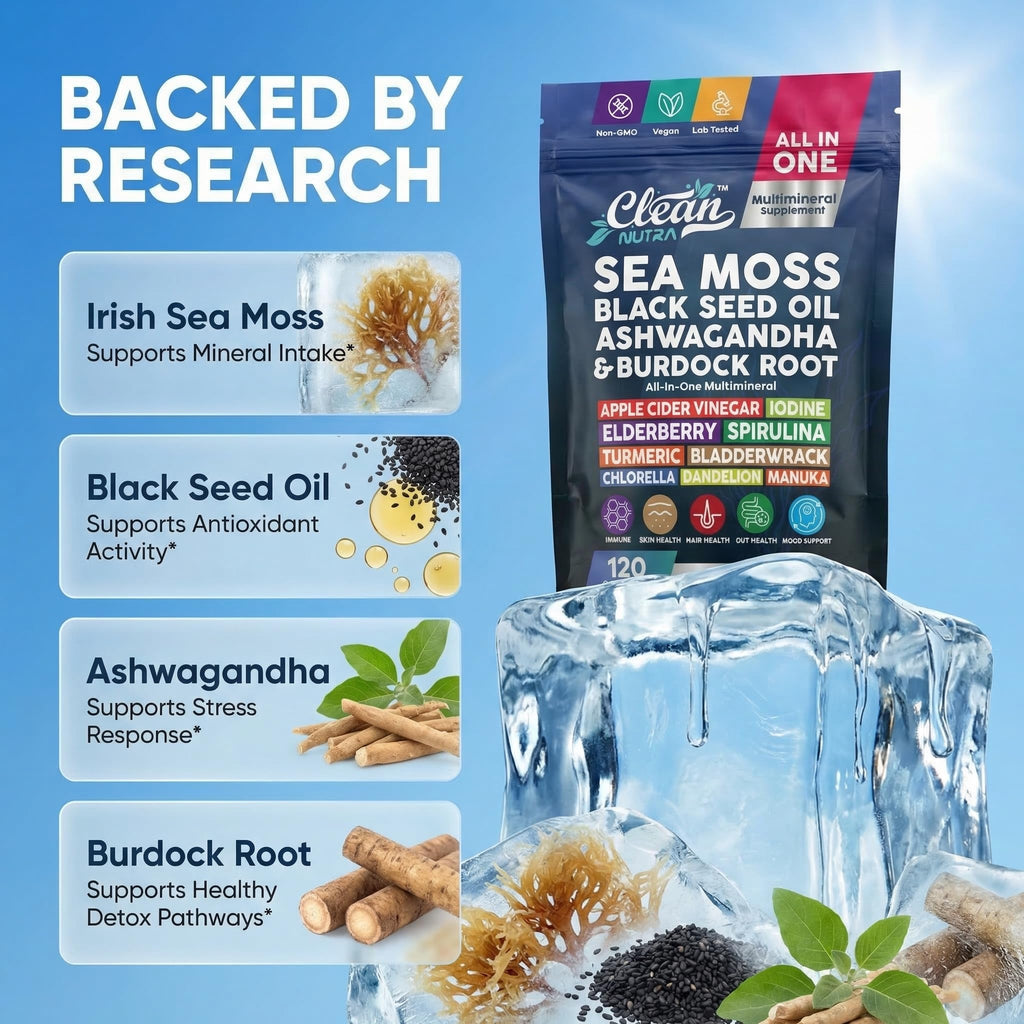 Clean Nutraceuticals Sea Moss Black Seed Oil Ashwagandha Turmeric Bladderwrack Burdock & Vitamin C Vitamin D3 with Elderberry Manuka Dandelion (120 Count (Pack of 1))