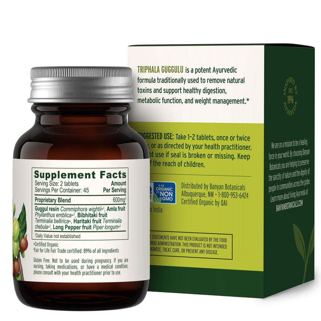 Banyan Botanicals Organic Triphala Guggulu – Deep Tissue Detox & GI Tract Support – Advanced Herbal Cleansing Supplement with Guggulu Resin – Systemic Waste Elimination – 90 Tablets – USDA Organic