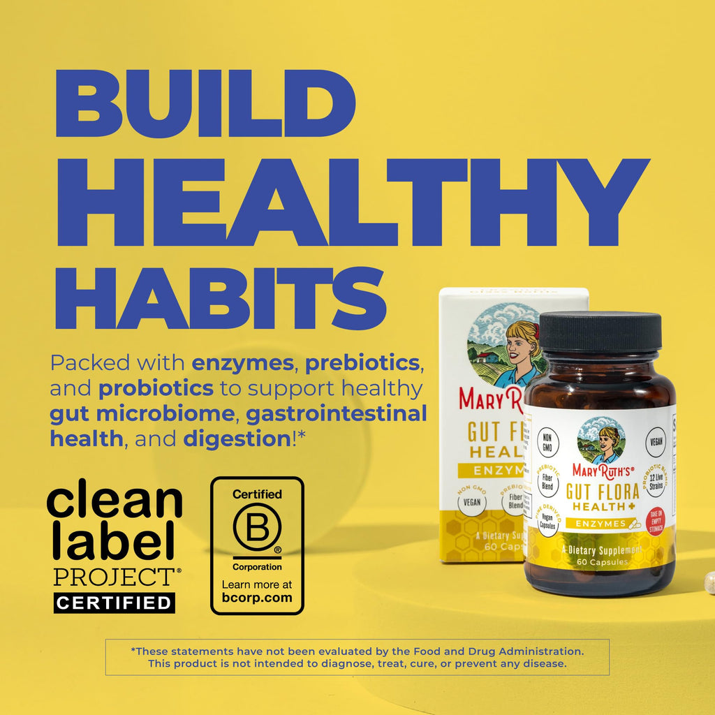 MARYRUTH'S Gut Flora Health+ Enzymes | Prebiotic & Probiotic Digestive Enzymes for Healthy Gut Biome & Digestive Support | Gastrointestinal Health | CLP Certified | 60 Capsules | 2 Month Supply