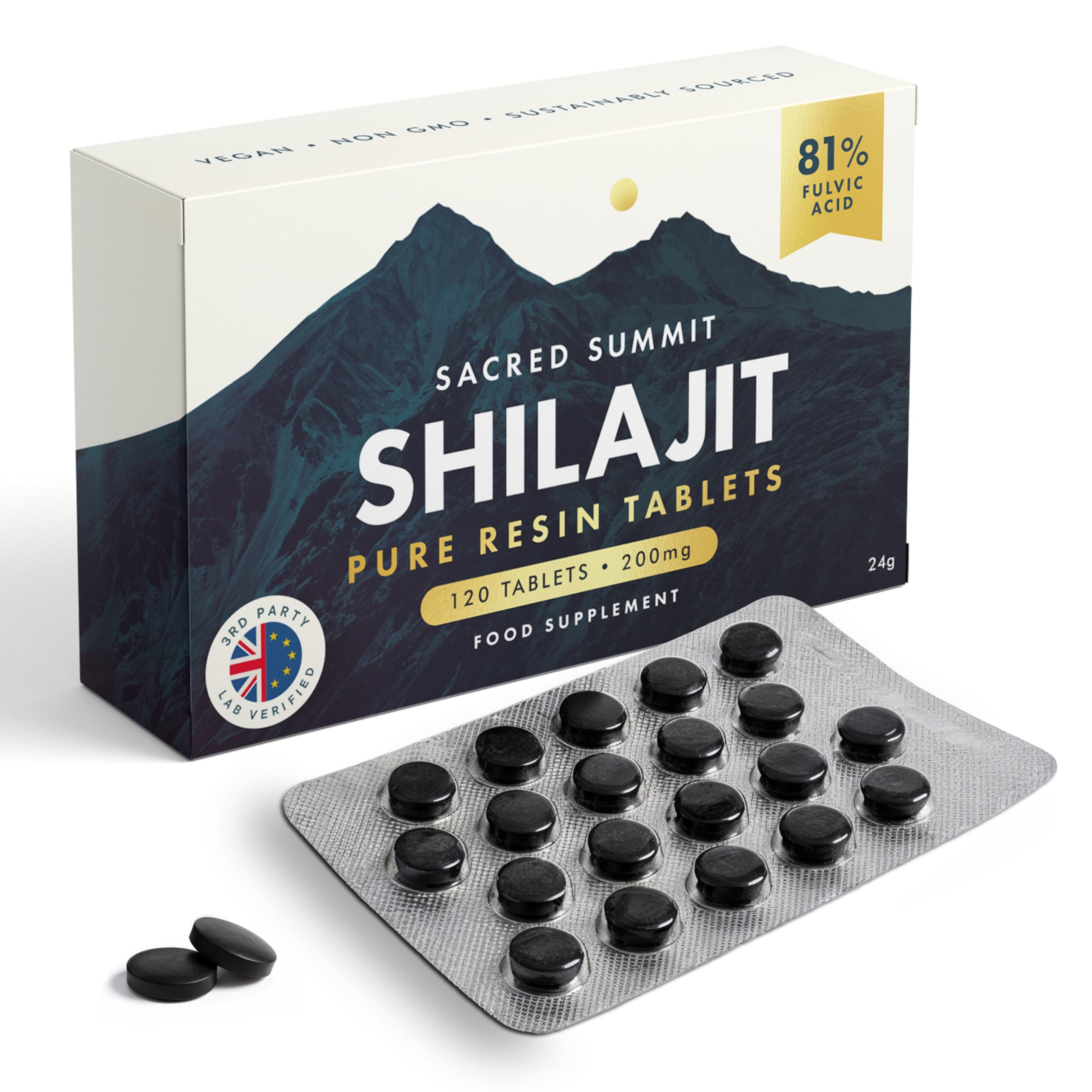 Sacred Summit Pure Altai Shilajit Tablets 200mg – Gold Grade, High Fulvic Acid, 85+ Trace Minerals, Natural Energy & Vitality Support – UK Made, Vegan, 120 Tablets