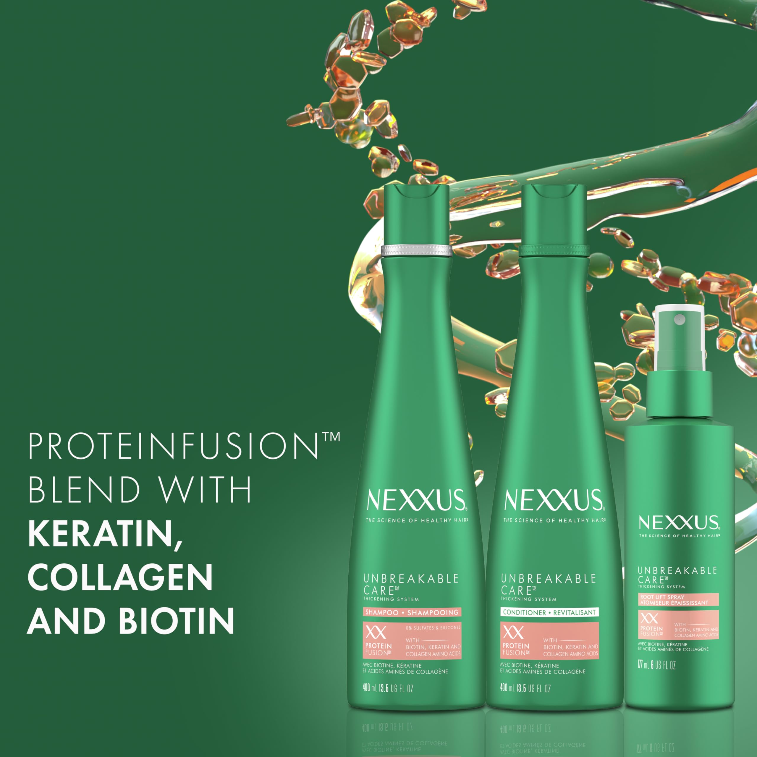 Nexxus Unbreakable Care Shampoo, Conditioner, and Leave-In Spray 3 Pack For Fine and Thin Hair with Keratin, Collagen, Biotin