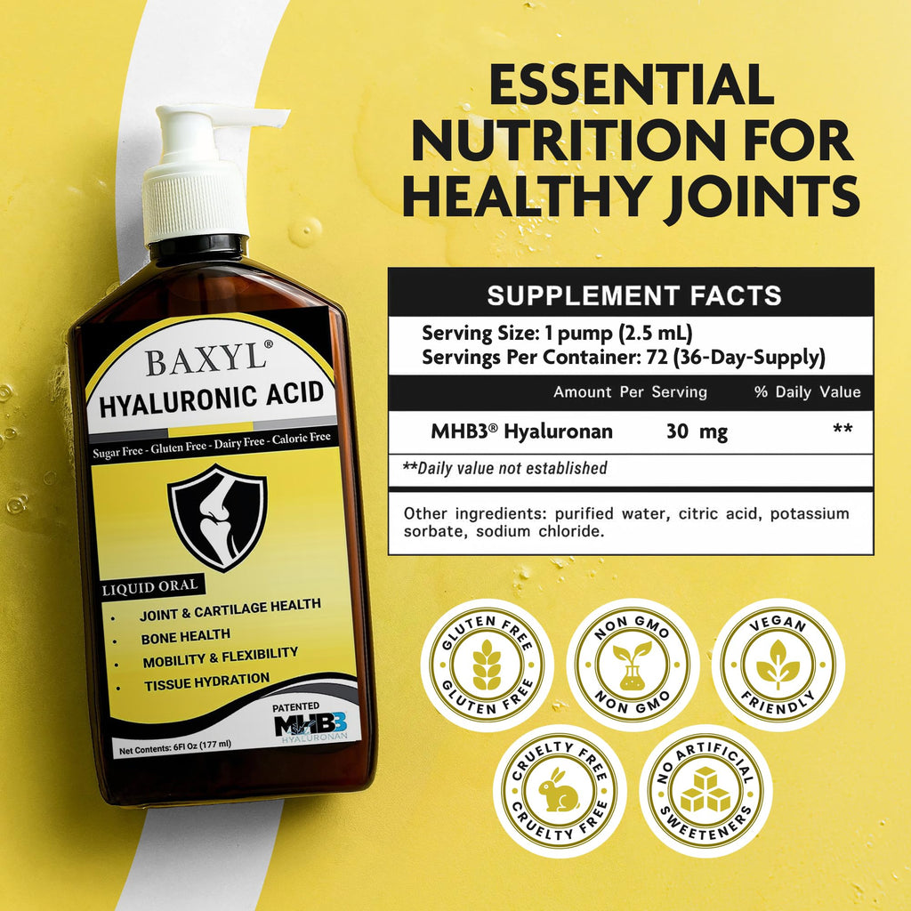 BAXYL Liquid Hyaluronic Acid Supplement for Joint Health - Patented MHB3 Formula for Bone, Skin,Eye Health & to Restore Cartilage - Vegan, Gluten-Free, Non-GMO for Comfort - 30-Day Supply