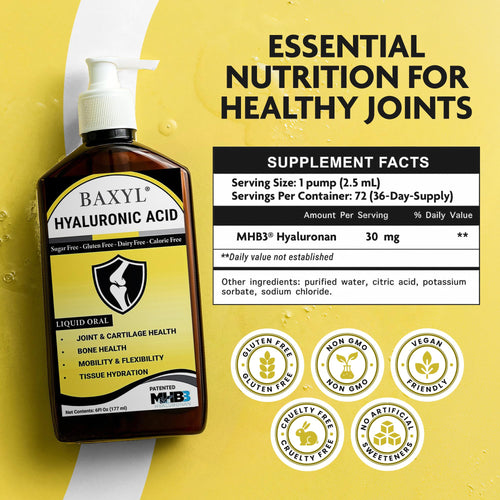 BAXYL Liquid Hyaluronic Acid Supplement for Joint Health - Patented MHB3 Formula for Bone, Skin,Eye Health & to Restore Cartilage - Vegan, Gluten-Free, Non-GMO for Comfort - 30-Day Supply