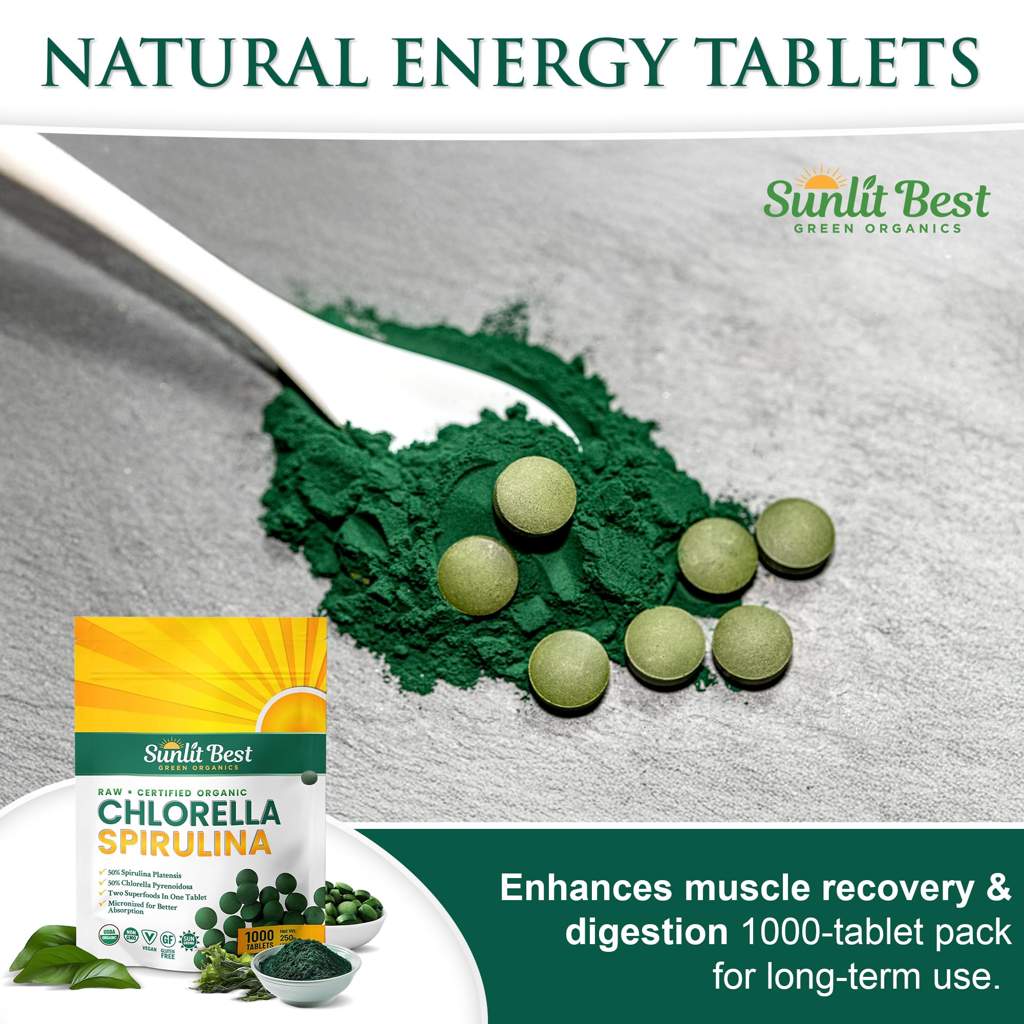 Sunlit Best Chlorella Spirulina Tablets - Organic USDA, Premium Spirulina and Chlorella Tablets 1000 Count - Sun Chlorella Pure Natural Superfood with Algae, Enzymes Chlorophyll & Vegan Protein
