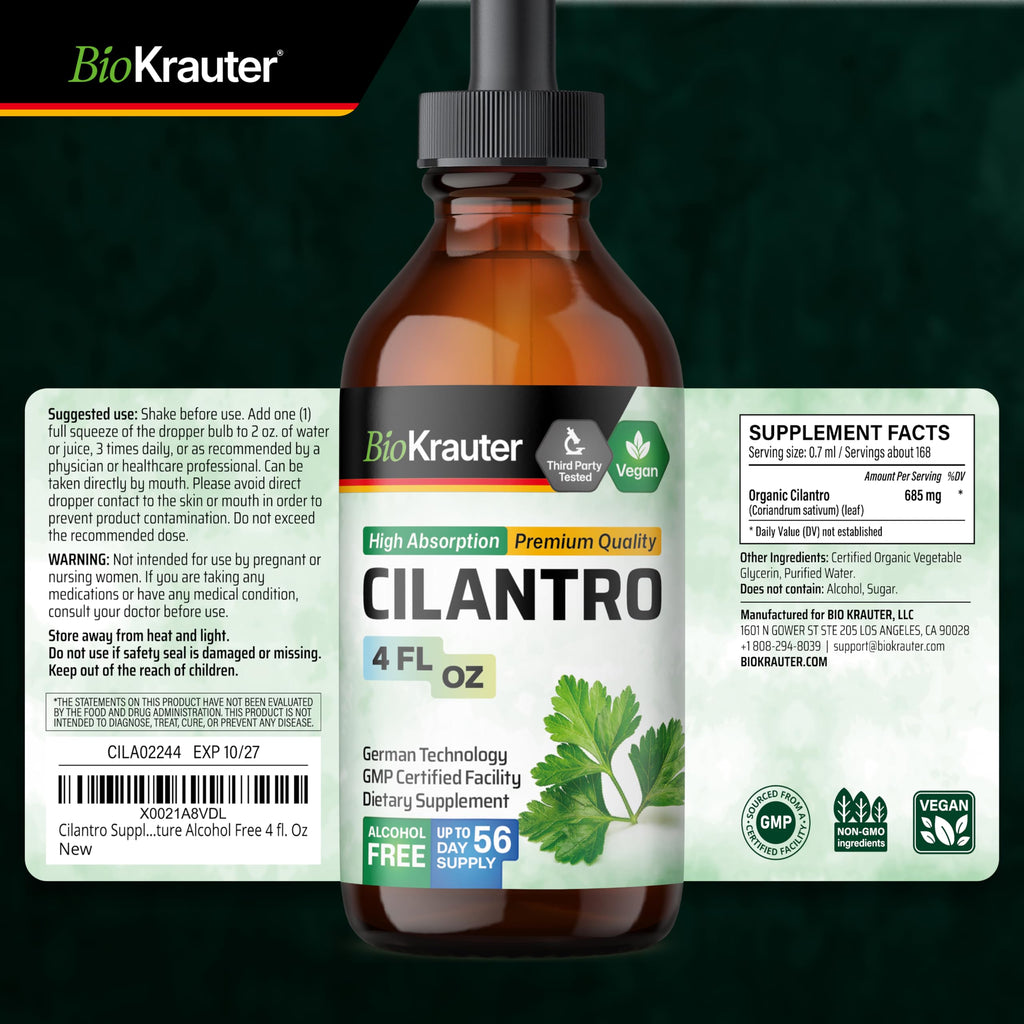 BIO KRAUTER® Cilantro for Detox Cleanse - Vegan Antioxidant Supplement, Natural Cilantro Tincture 650 mg per Serving - Liquid Coriander Leaf Supplement, Alcohol & Sugar Free, 4 Fl.Oz 56-Day Supply